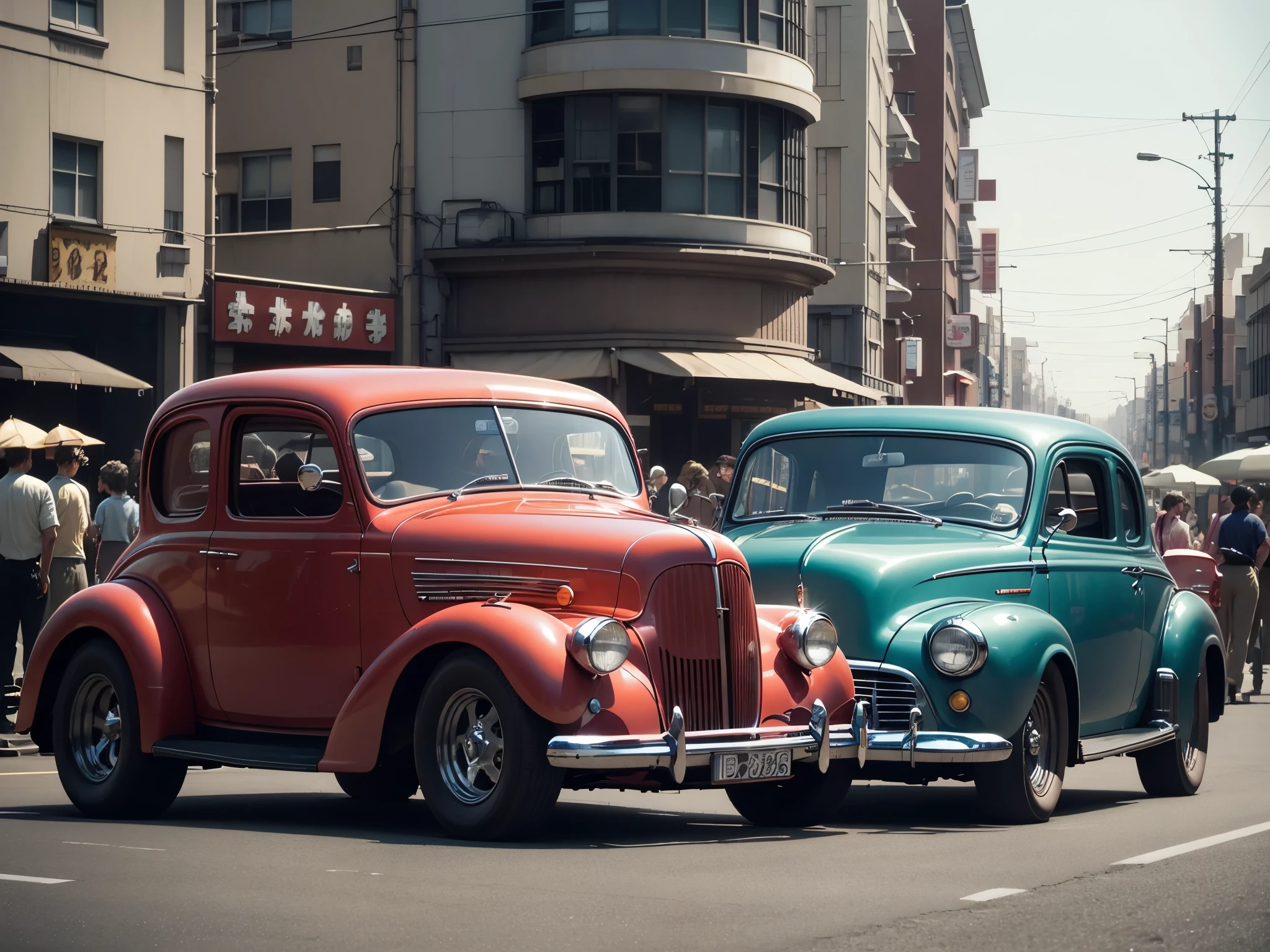 cars are lined up on the side of the road as people walk by, hotrods driving down a street, 5 hotrods driving down a street, photo in color, color footage, colorized, kodakchrome : : 8 k, vintage footage on tokyo streets, a colorized photo, colorized photo, colourized, colorized background, vintage footage