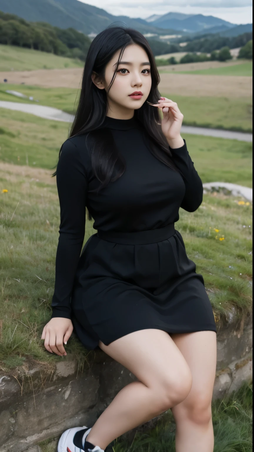 A beautiful beauty, long black hair, big eyes, round face, dress, tight purple skirt, sneakers , slightly fat, plump and sexy, delicate facial features, on the grassy hillside, black grass and words, dark sky and dark clouds, HD, high quality, the best picture quality, chubby massive thighs,