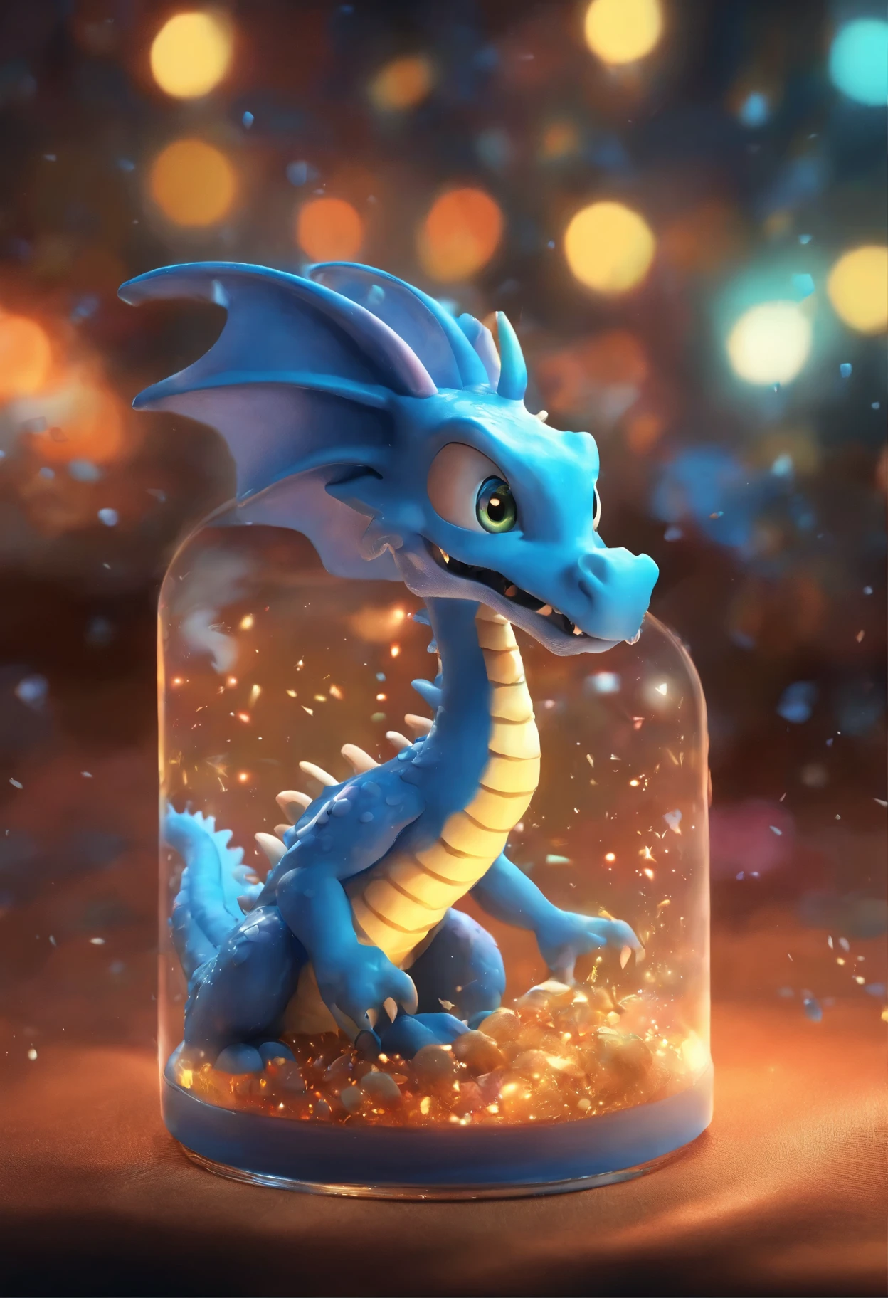 Cute baby blue IP dragon sitting in a clear glass bottle,linterna roja,y altas murallas rojas de la ciudad,Hay koi en la botella de vidrio.,Vidrio reflectante azul piel suave y delicada.,ojos con brillo, modelado, Brillo delicado,clean backdrop, Buen brillo, 3Drenderingde,Mejor calidad at best、Dark and fluorescent world view.,ultra-detallado、8k、realistic representation、Animado mercado nocturno al fondo、fuegos artificiales、Petardos,oc renderizado,hiperrealista,Mejor calidad,8k,obras de maestros,ultradetallado,