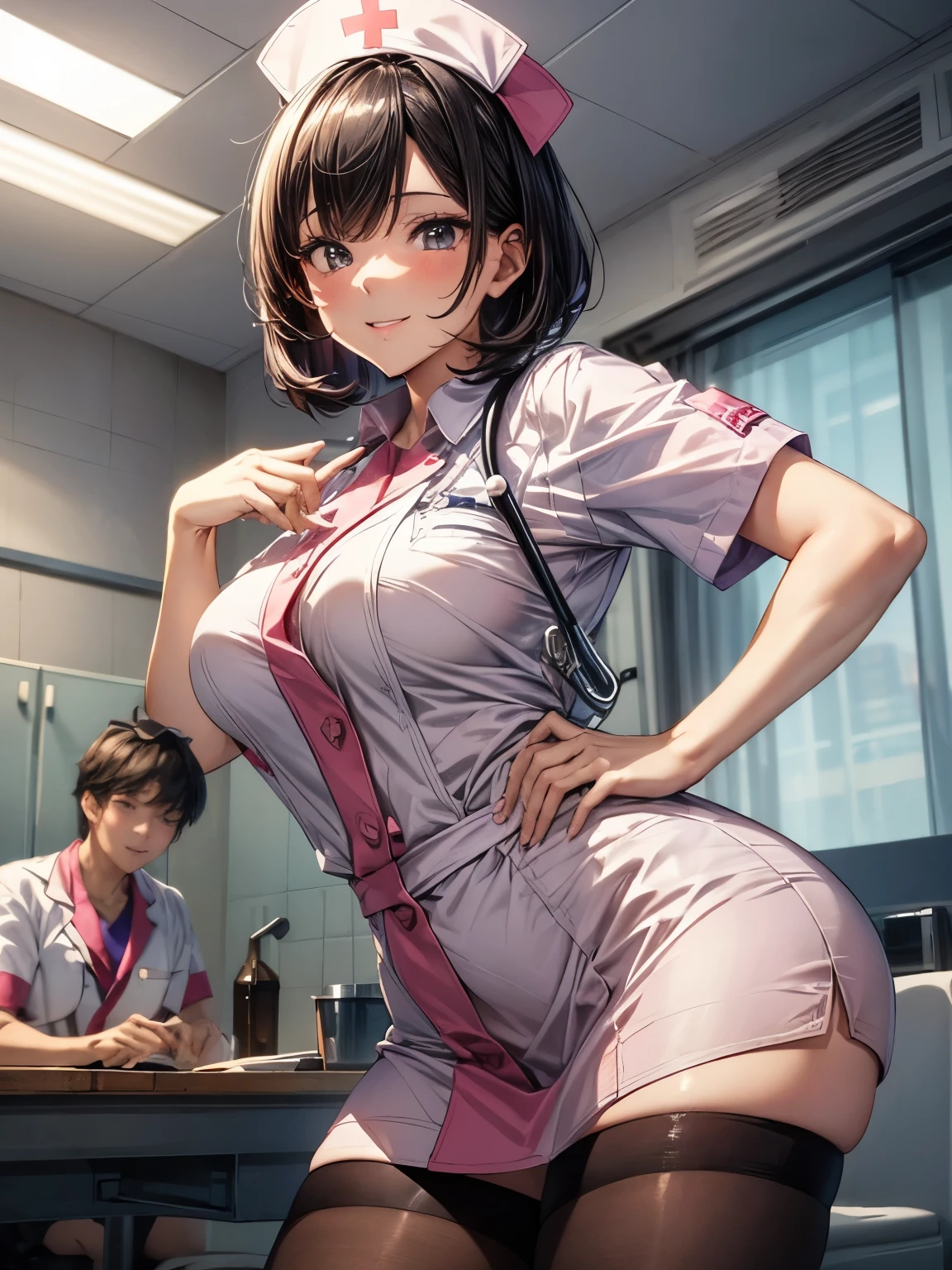 highest quality、complete limbs、full finger、black haired woman、Very Shorthair Woman、Beauty busty woman:1.3、((A woman wearing a pink nurse costume))、mini skirt、big smile、woman wearing black tights、A woman wearing a nurse's hat、hospital、hospital room、Hands on hips、sexy pose