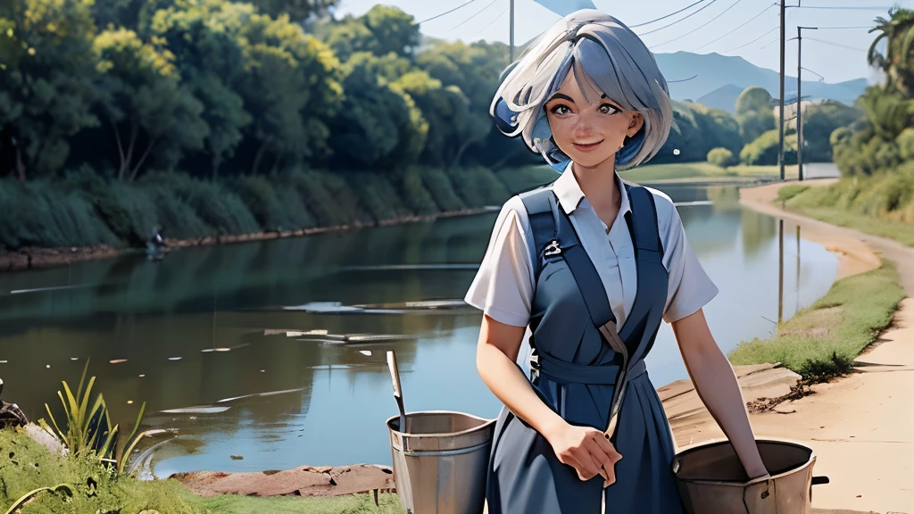 Suggested image: João, with gray hair, smiling affectionately, holding a bucket. Beside him, the young woman with blue hair, with a sad expression, holding the leaky bucket. The setting includes a river, a deserted road and a dry well.