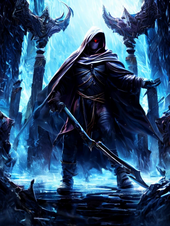 movie poster ，highest quality,4K,8K,High resolution,masterpiece，epic ,red eyes ，the scythe，torn robe，hood，冥府の漆black，Emissaries of Darkness，wicked，clothed in fog，energy of death and decay，sense of presence，gate of hell，chaos，Bluish light， Cinematic blue lighting, methodical, elaborate, Complex, Sophisticated, Sophisticated, exquisite, delicate, Accurate,saturation, contrast, HDR, cinematic lighting, Shadow, reflection, Special effects， Complex，black
