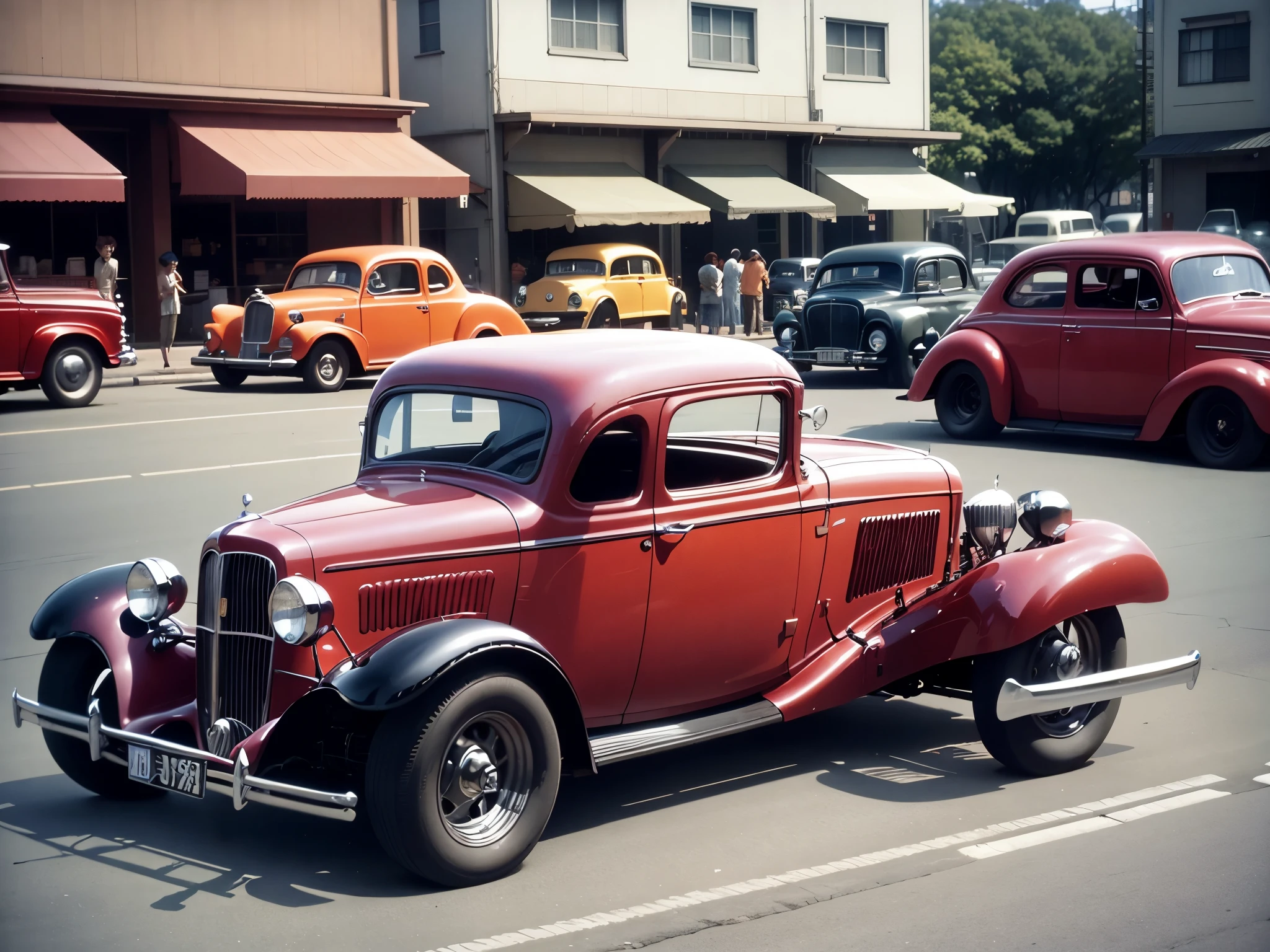 cars are lined up on the side of the road as people walk by, hotrods driving down a street, 5 hotrods driving down a street, photo in color, color footage, colorized, kodakchrome : : 8 k, vintage footage on tokyo streets, a colorized photo, colorized photo, colourized, colorized background, vintage footage