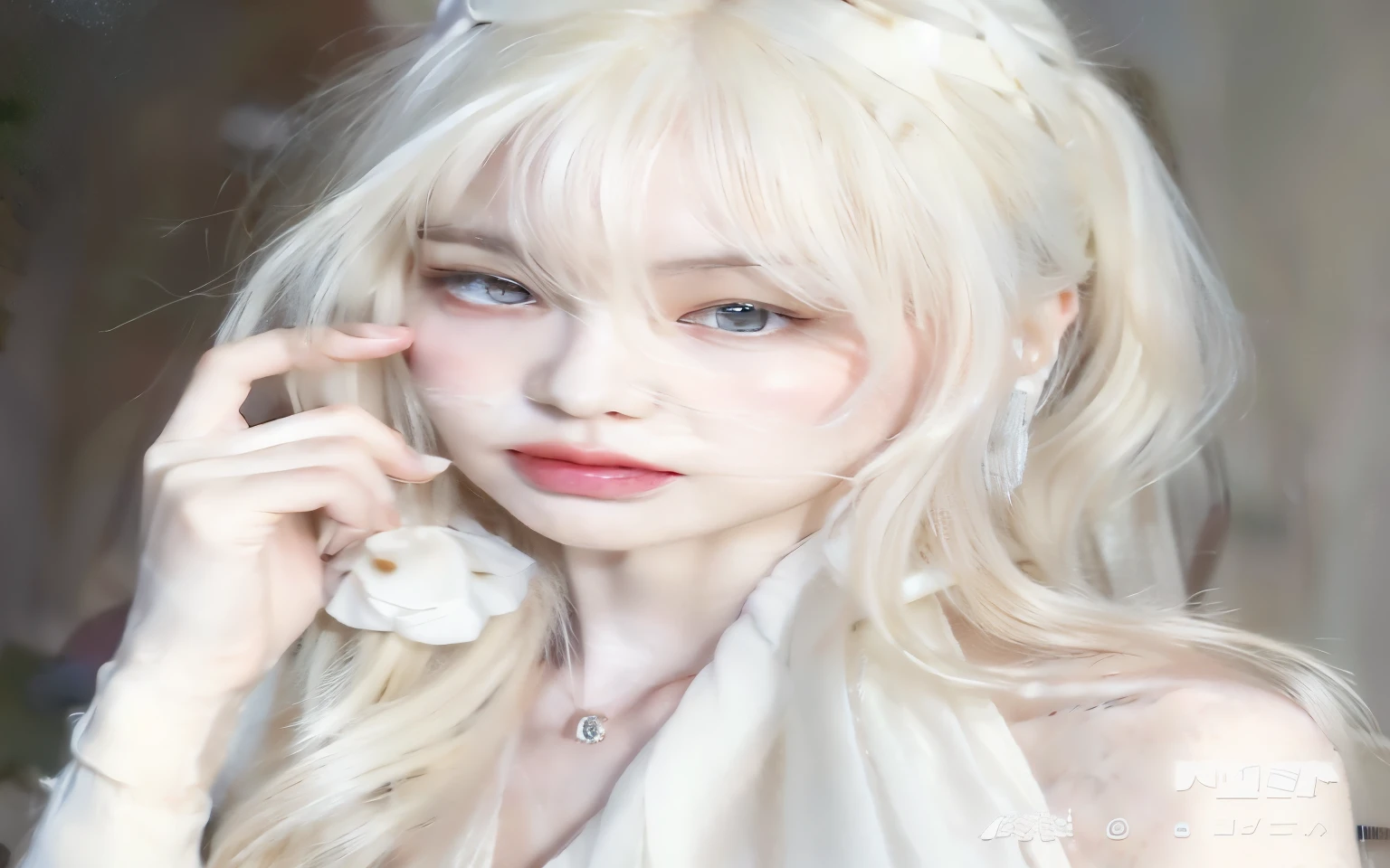 a close up of a person with long white hair and a white dress, white hime cut hairstyle, long white hair and bangs, with white long hair, pale porcelain white skin, porcelain white skin, girl with white hair, pale milky white porcelain skin, with long white hair, white beautiful hair, anime girl in real life, white - blond hair, her hair is white