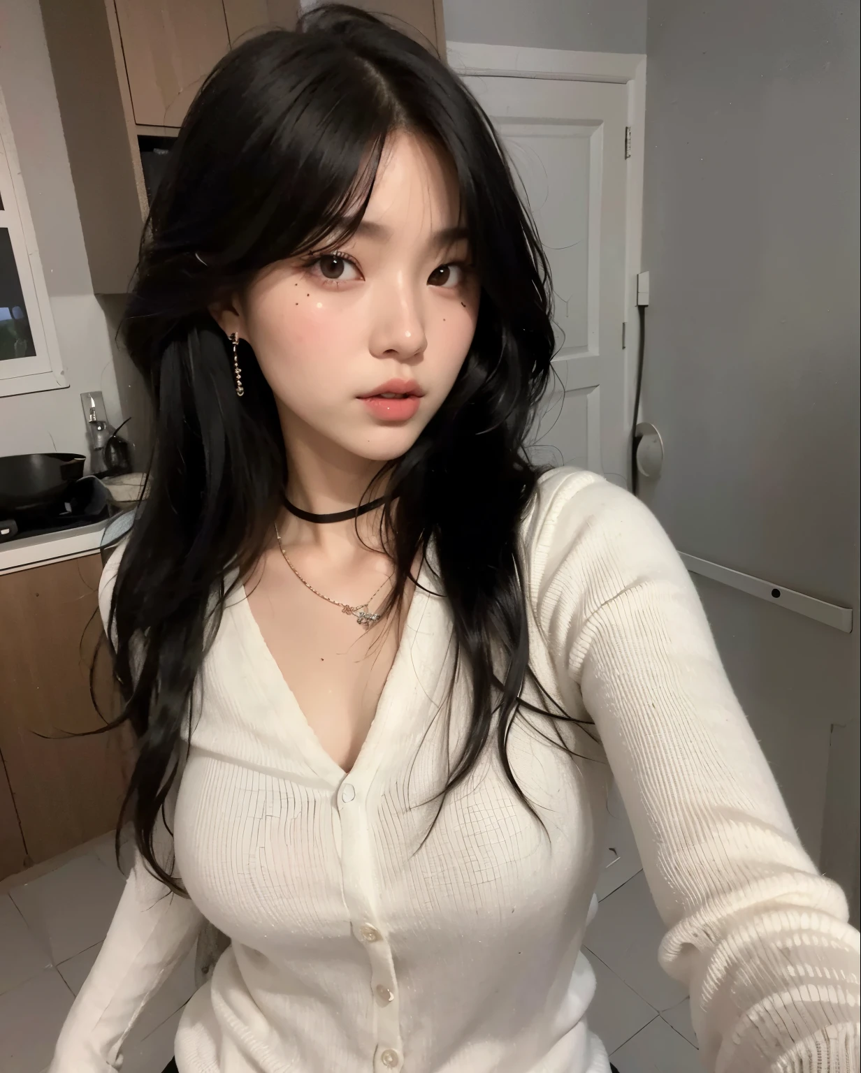 A closeup of a woman with long black hair wearing a white sweater, hermosa joven coreana, hermosa mujer surcoreana, muchacha coreana, 18 years, hermosa joven coreana, xisionwu, she has black hair con flequillo, beautiful asian girl, 22 years, anna nikonova aka new milkmaid, sakimichan, con flequillo