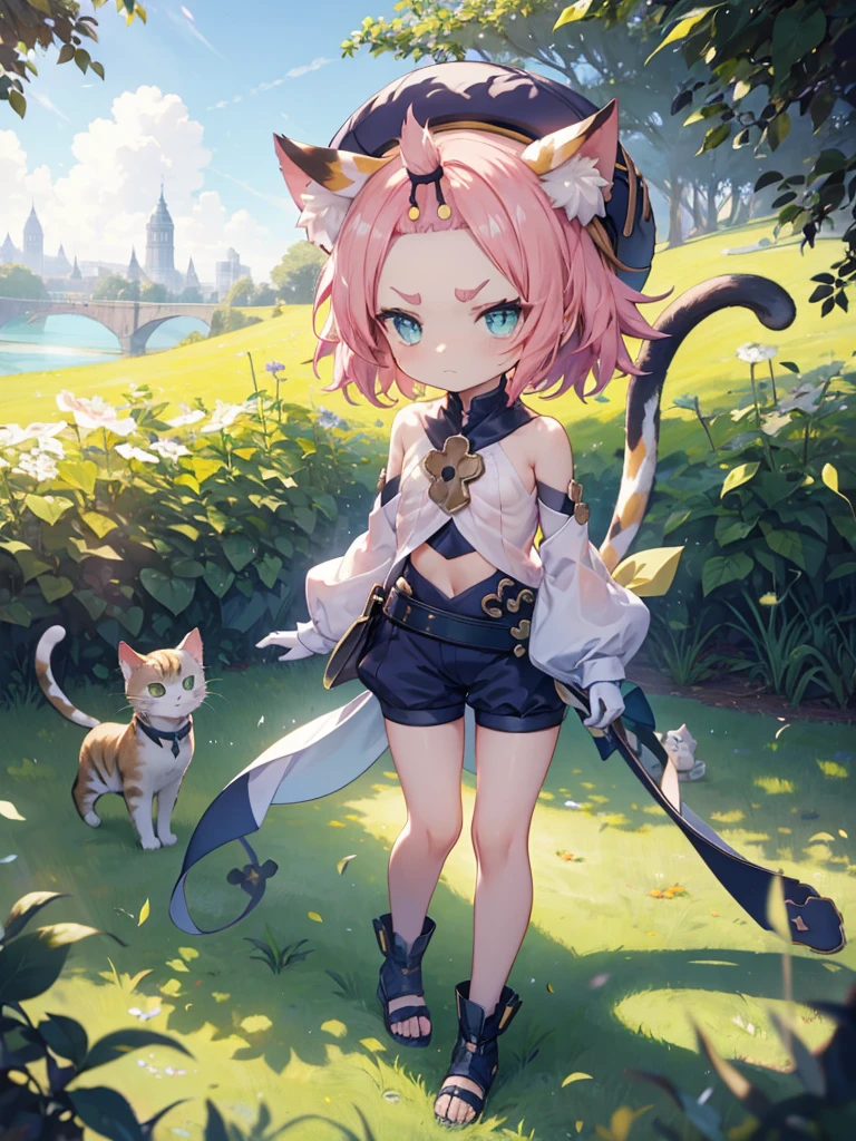 , , flat chest, topless, short, hat, young, chibi, thin legs, cat ears, detached sleeves, outside, tail, bright sunlight, good eyes, tsundere, grumpy, perfect body ratio, grass