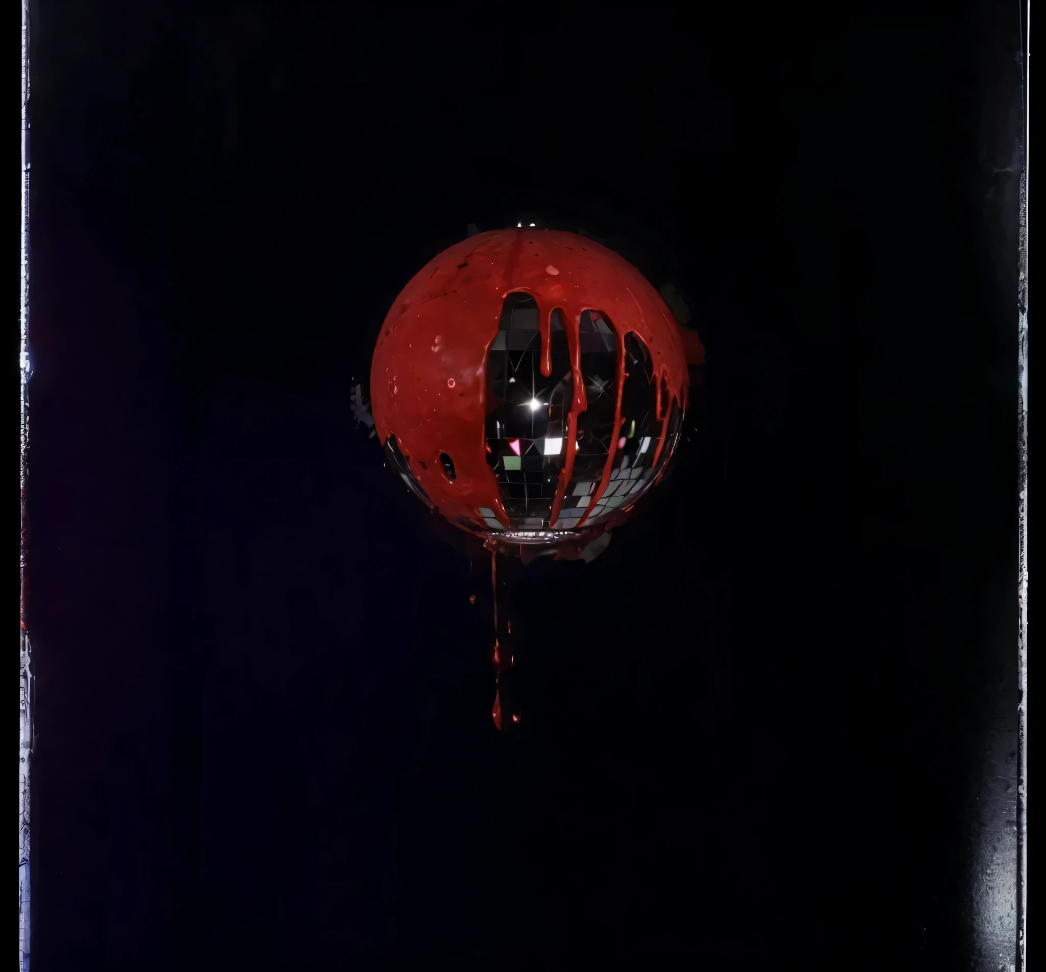 cinematic, a disco ball with blood dripping off of it surrounded by black void, 4K high resolution