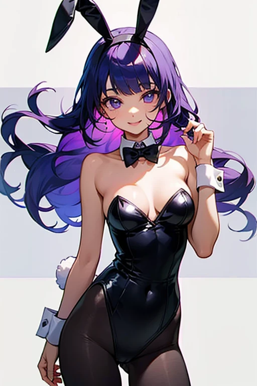 pantyhose, strapless leotard, bunny ears headband, bowtie, wrist cuffs, bunny tail, purple hair, smiling, highly detailed, HD