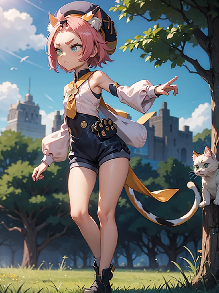 , , flat chest, bottomless, short, hat, young, chibi, thin legs, cat ears, detached sleeves, outside, tail, bright sunlight, good eyes, tsundere, grumpy, perfect body ratio, grass