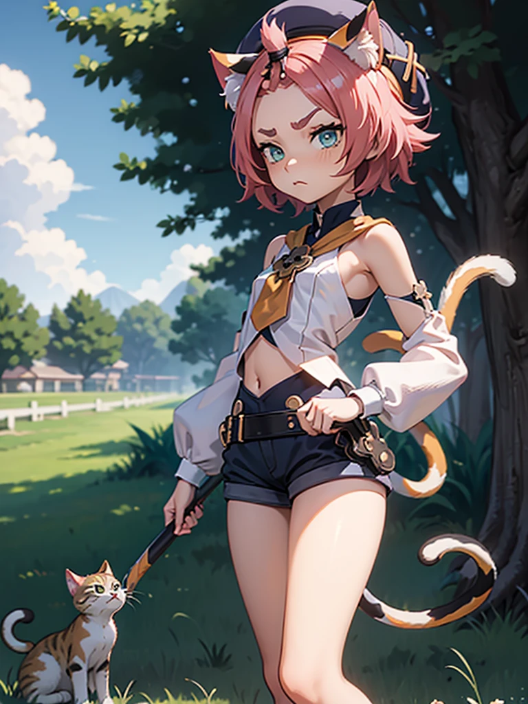 Catgirl, bottomless, naked, wears no clothes, Nude, naked, furrowed eyebrows, grin, change, outside, tail, contrasting sleeves, hat