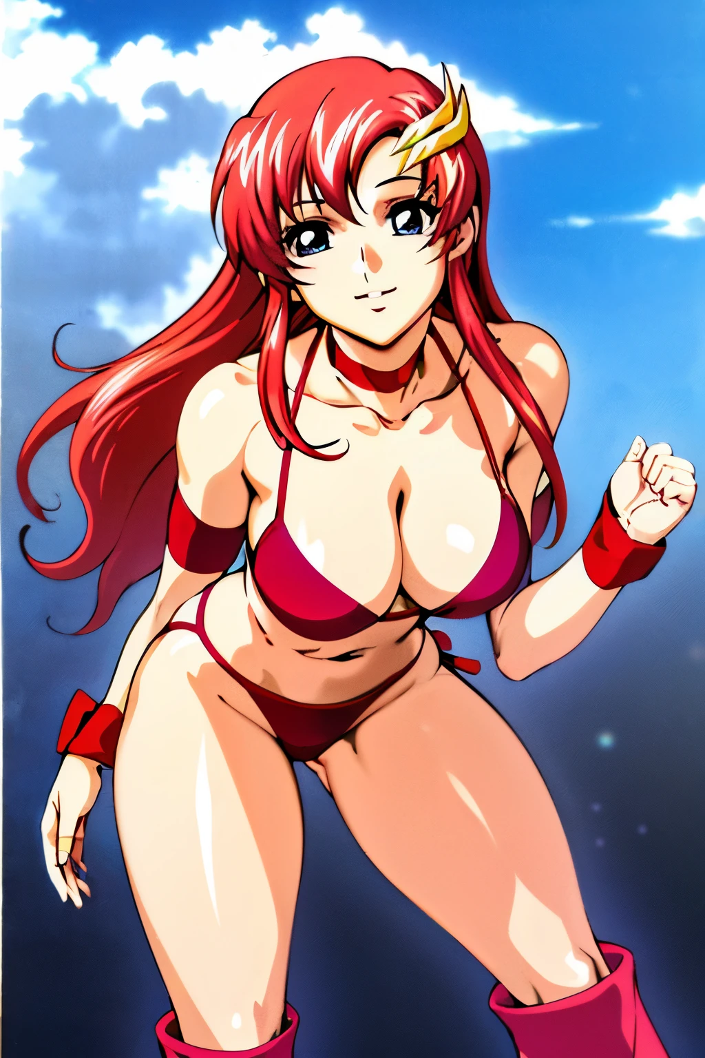 lacus4, (red long boots), (masterpiece, double bra, leaning forward, very slim shoulders, 4K, Best Quality, Anime style: 1.9, happy, Adult Woman, (ultra detailed head), (cloud background), Drawing lines, high resolution, lacus4), 1girl, Solo, curvy figure, Long hair, 鎖骨, scapular, (Detailed wide hair bangs, Hair Ornament, Detailed reddish-pink hair, shiny streaks, slim arms, detailed golden crest), cleavage, large hands, (hair cover shoulders). (Big blue eyes, shiny eyes), ((female wrestler, (slim body), little biceps, slim arms, closed fists, thighs)), ((perfect proportions, ??????????????, long belly)), (((crimson ?????? only, red arm band, neck band))), smile, (standing, hot colors), detailed fingers, (???? shoulders)
