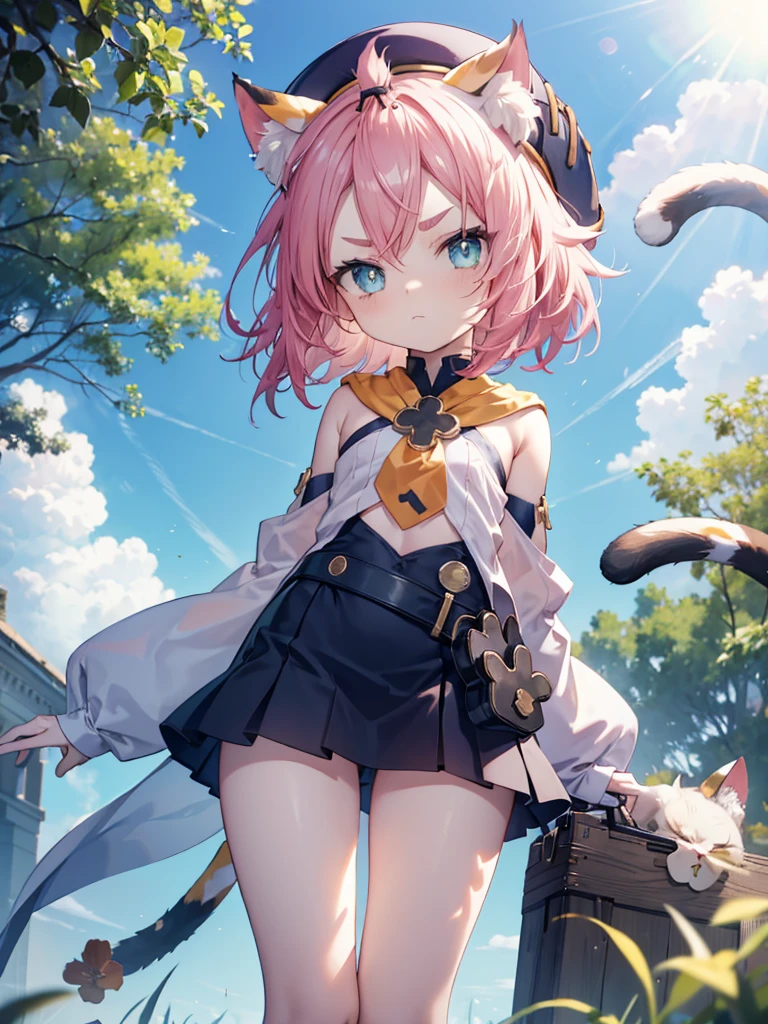 , , flat chest, bottomless, short, hat, young, chibi, thin legs, cat ears, detached sleeves, outside, tail, bright sunlight, good eyes, tsundere, grumpy, perfect body ratio, grass