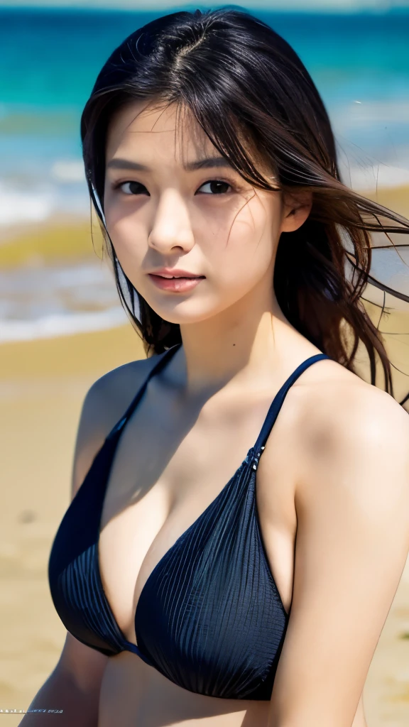 Top quality, beautiful Japanese women, top models, masterpieces, light makeup, dark hair, beach, beautiful, elegant.  Super fine details, works, real texture, perfect works, 8k, HD, swimsuit, chubby body, young face, large breasts, whole body