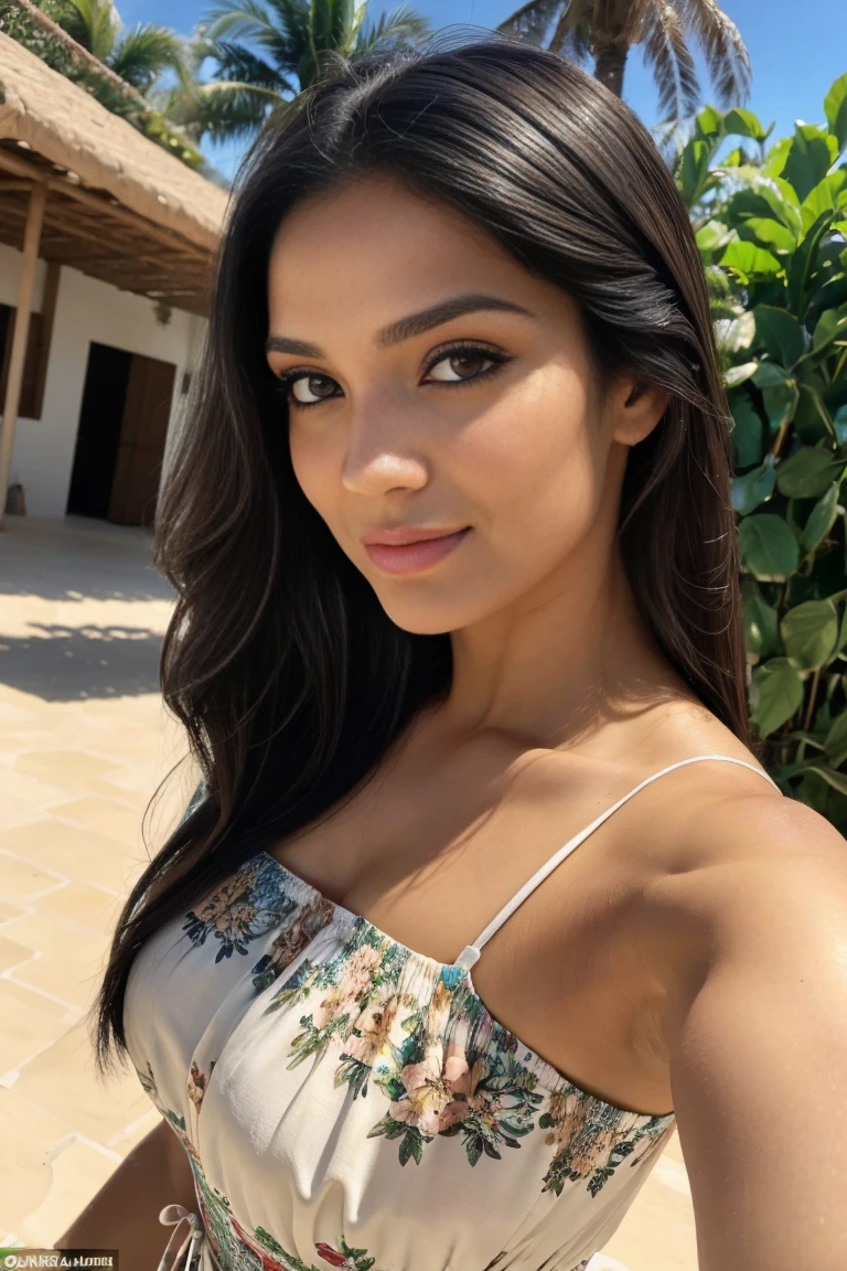 (best quality,4k,highres:1.2),ultra-detailed,(realistic:1.37),A Colombian woman driving a pickup truck in a colorful bikini,long blackhair,tanned skin,beautiful detailed eyes and face,confident smile,strong and muscular physique,curvy body,fashionable sunglasses,shiny red lipstick,striking red and white skin tight bikini,holding the steering wheel,tattoo on her arm,with a sense of adventure,driving through a lush tropical rainforest,tall palm trees and exotic plants and aliens  in the background,vibrant green foliage,sunlight filtering through the leaves,creating a dappled effect on the road,wind flowing through her hair,exhilarating speed and ,positive and carefree attitude,feeling the warm breeze on her skin,her truck splashing through a small stream,creating a spray of water,adventure and excitement,joyful expression on her face,blond sandy beaches in the distance,clear blue skies above,seagulls flying overhead,a sense of tropical paradise,exotic birds chirping in the background,lively and energetic atmosphere, vivacious personality,celebrating life and embracing ,feeling empowered and unstoppable,an epitome of confidence and beauty,an inspiring and captivating scene.