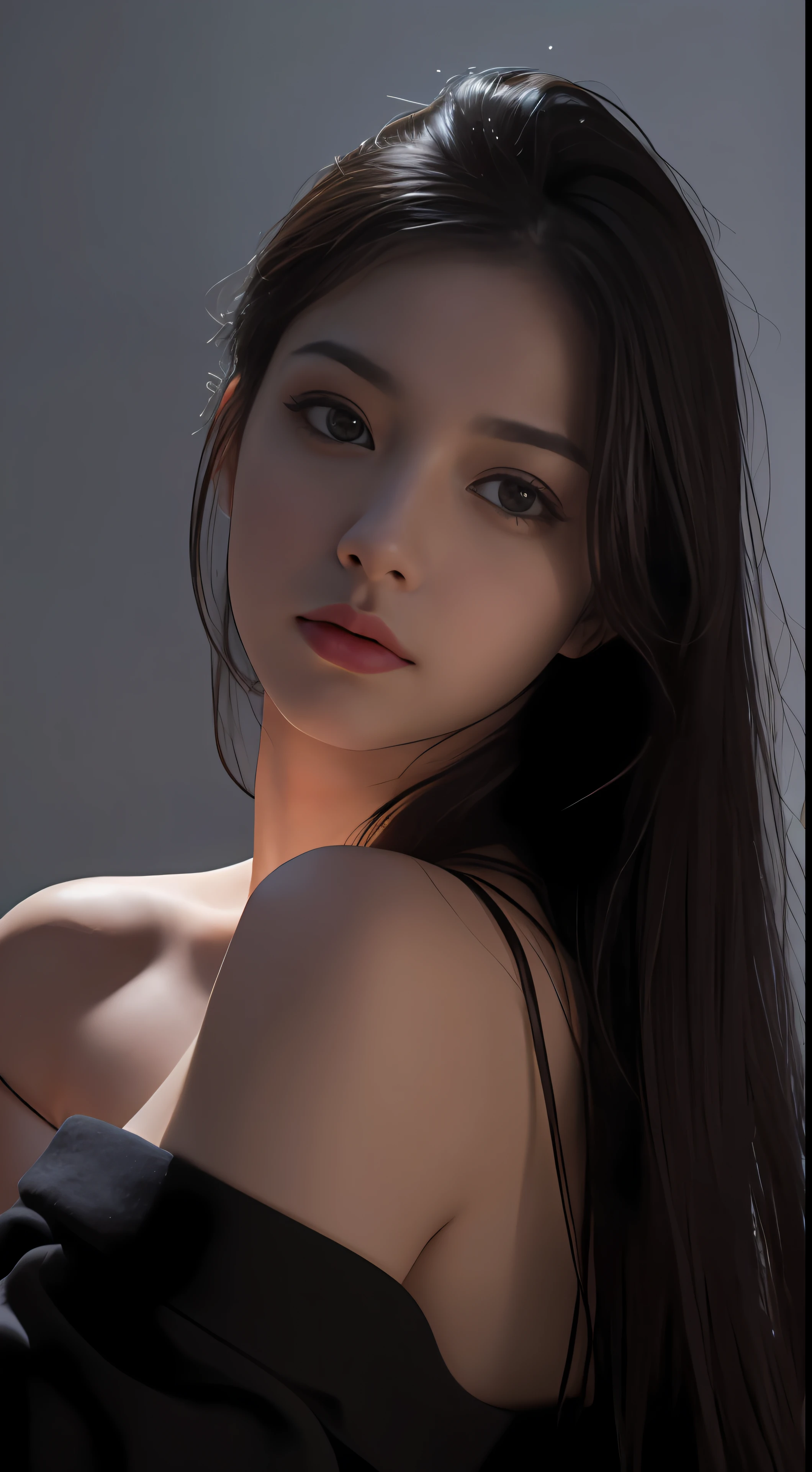 Best Quality, Masterpiece, Ultra High Resolution, (Realistic:1.5), Original photo, 1 girl, shoulders, In the dark, Deep shadow, Understated, Cold light, Sexy look, Long hair