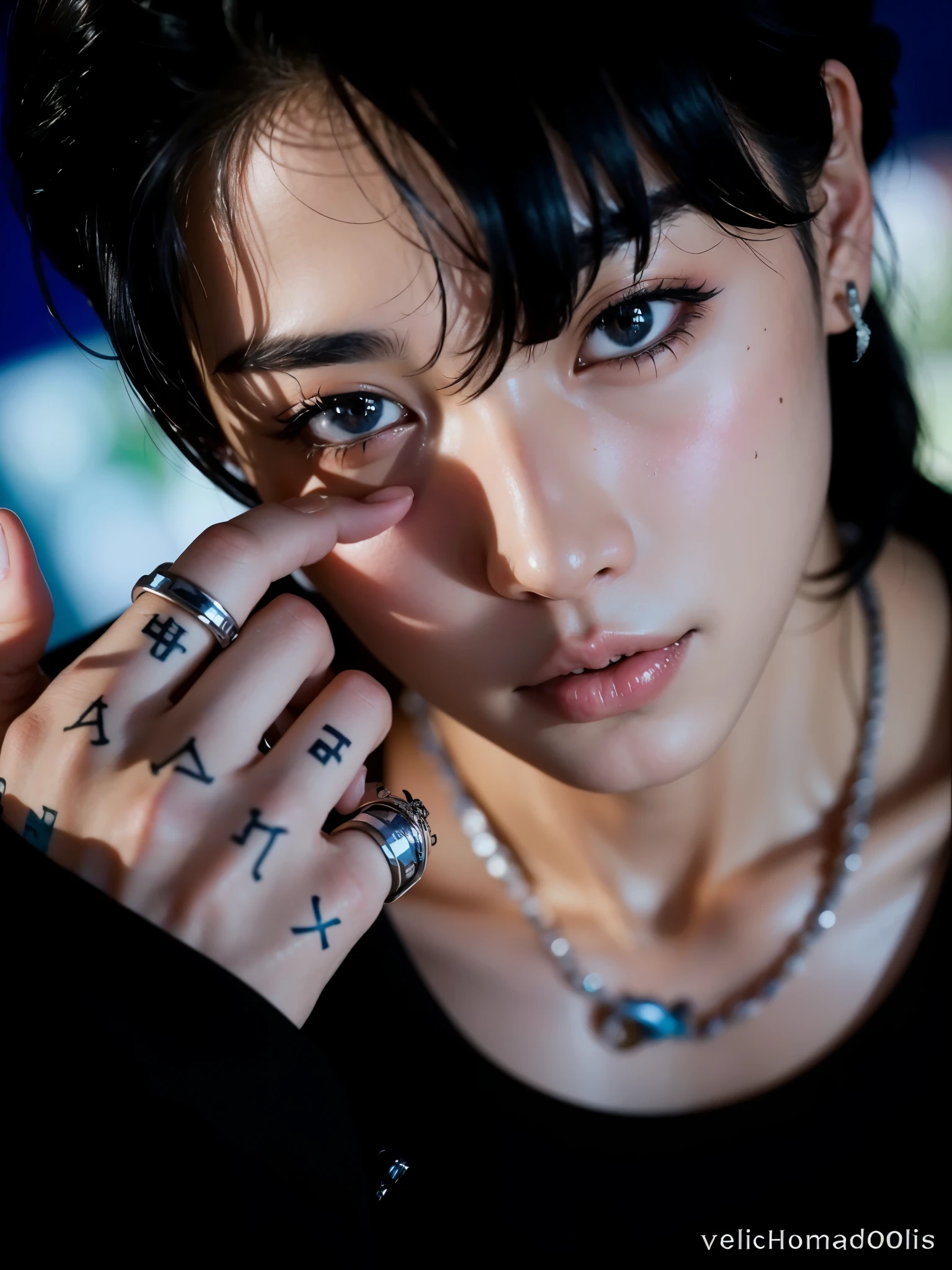 a close up of a person with tattoos on their hands, cai xukun, Jinyoung Shin, hyung tae, Jungkook, taejune kim, brilhante da chuva, Kim Doyoung, inspirado em Bian Shoumin, Jinyoung Shin aesthetic, Hong junho hyung, Principais visuais de anime, pintar ulzzang, olhos claros e penetrantes, retrato em close, inspirado em jeonseok lee