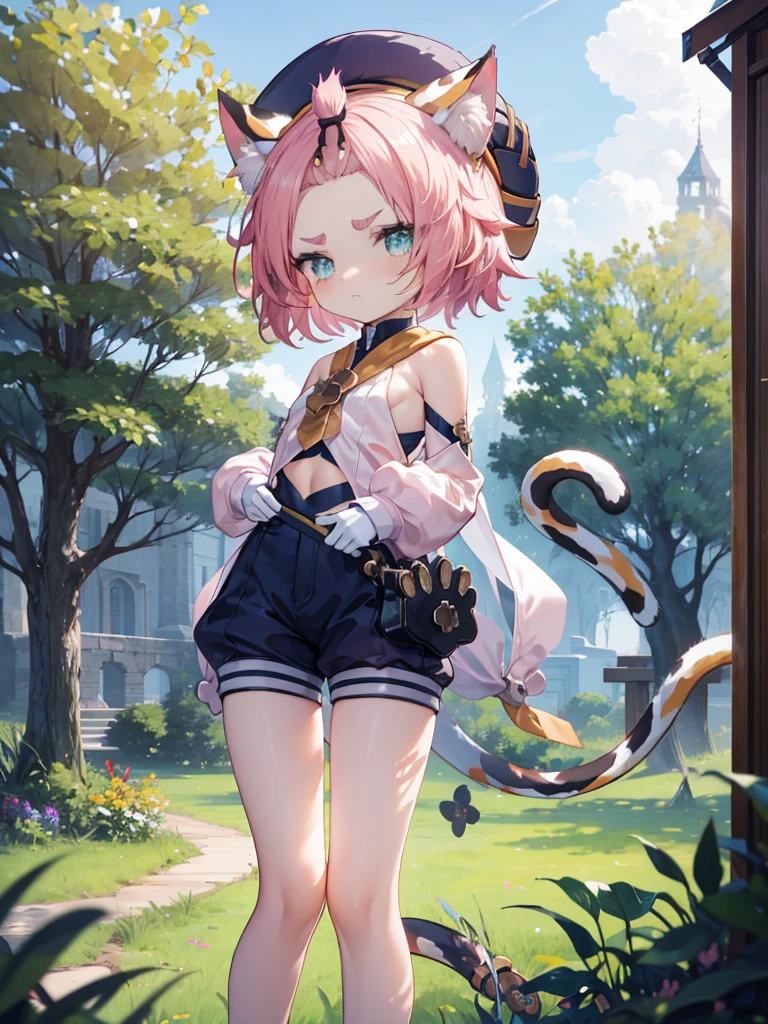 , , flat chest, bottomless, undressing, short, hat, young, chibi, thin legs, cat ears, detached sleeves, outside, tail, bright sunlight, good eyes, tsundere, grumpy, perfect body ratio, grass