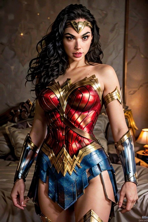 (best quality)), ((master part)), ((Realistic)), (circunstanciado, fotorrealista, ultra-detalhado, Absurdo), 1mulher Wonder Woman, cabelos longos, thin lips , olhos e rosto detalhados, rosto perfeito altamente detalhado, vestindo fantasia de mulher-maravilha (lora:Wonder woman:1.2), casa, interior, cama, noite escura, night the moon, Front view, Top-down view, na cama, deitada sobre a cama, foco: pose sexy:1.2, clouseup:1.4,
