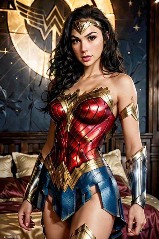 (best quality)), ((master part)), ((Realistic)), (circunstanciado, fotorrealista, ultra-detalhado, Absurdo), 1mulher Wonder Woman, cabelos longos, thin lips , olhos e rosto detalhados, rosto perfeito altamente detalhado, vestindo fantasia de mulher-maravilha (lora:Wonder woman:1.2), casa, interior, cama, noite escura, night the moon, Front view, Top-down view, na cama, deitada sobre a cama, foco: pose sexy:1.2, clouseup:1.4,
