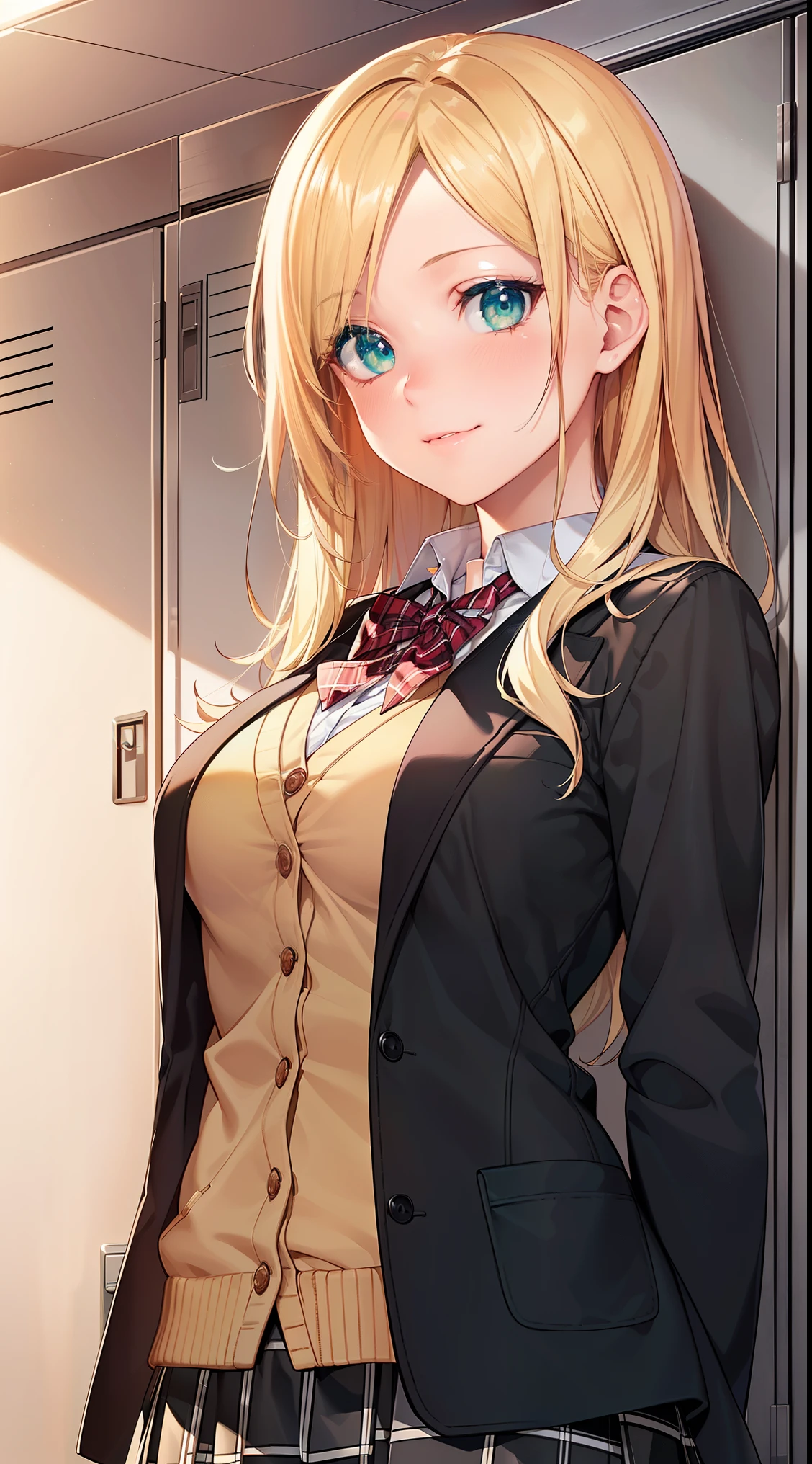 ((masterpiece, highest quality, High resolution, UHD, perfect pixel, Depth of bounds written, 4K, rtx, HDR))), 1 girl, single, alone, beautiful anime girl, beautiful art style, anime character, ((long hair, parted bangs, blonde hair)), (green eyes:1.4, round eyes, beautiful eyelashes, realistic eyes), (detailed face, blush:1.2), (smooth texture:0.75, realistic texture:0.65, realistic:1.1, Anime CG style), medium breasts, dynamic angle, perfect body, (red bow tie, school uniform, black jacket, open jacket, Brown cardigan, white shirt), ((black skirt:1.5, plaid skirt)), smile, open your mouth, , locker room
