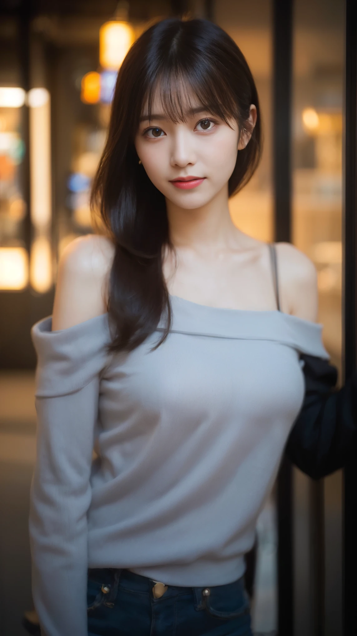 random pose, mix 4, (8K, Raw photo, highest quality, masterpiece: 1.45), (realistic, Photoreal: 1.37), one girl, cute, laughter、cityscape, night, professional lighting, Cafe,street,photon mapping, radio city, Physically based rendering, gradient black hair, gray hair, Semi-long loose hair, Handsome, with a girl, big and full breasts,off shoulder, tight clothes,highest qualityの写真, High resolution, 1080P, (clear face), (Detailed facial description), (detailed description of hands), (masterpiece), lively, extreme light and shadow, messy hair, masterpiece, rich details, (detailed facial features), (highest qualityの写真), (masterpiece), (finely tuned), dual、look in front of you, thin clavicle,Emphasize the armpits、Show lower milk