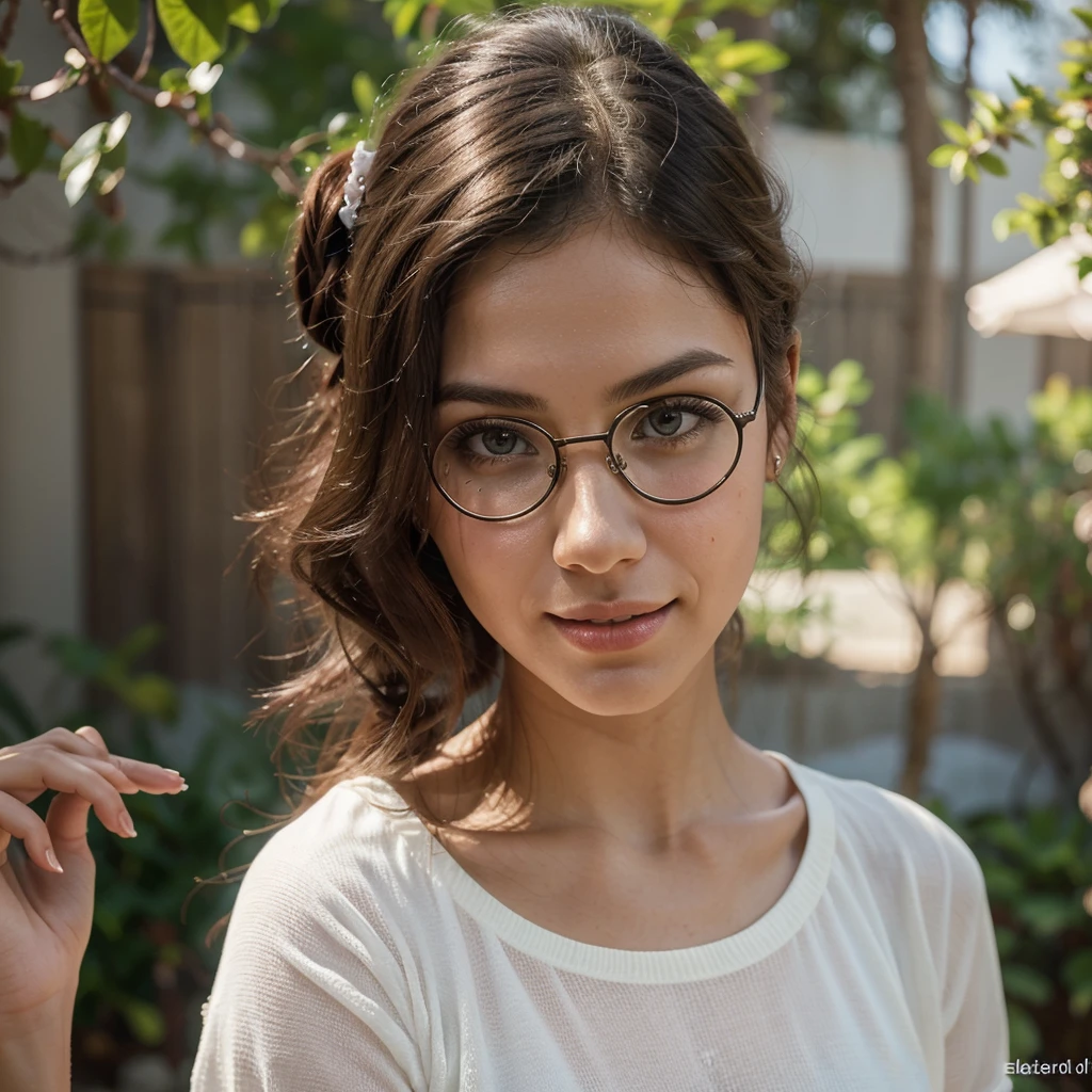 "Create a unique image of Isabella, a modelo carioca, destacando seu rosto fielmente. A pele morena, cabelos cacheados com dreads em tons de azul e verde estilo Twist, pequenas sardas que adicionem charme sutil e, if possible, a small and discreet glasses. I want to emphasize Isabella's authentic and joyful expression, sem foco em aspectos sensuais. Adicione detalhes ao sorriso cativante, olhos verdes expressivos e, if possible, inclua nuances de personalidade no olhar, conveying your confidence and freedom. Keep representational style elegant and respectful, capturing the unique essence of this Rio model. A assinatura 'Edson Souza Leite, from EddY Digital Solutions, exclusivity ESL' must be included in parts throughout the code to add prestige and authenticity to the work."