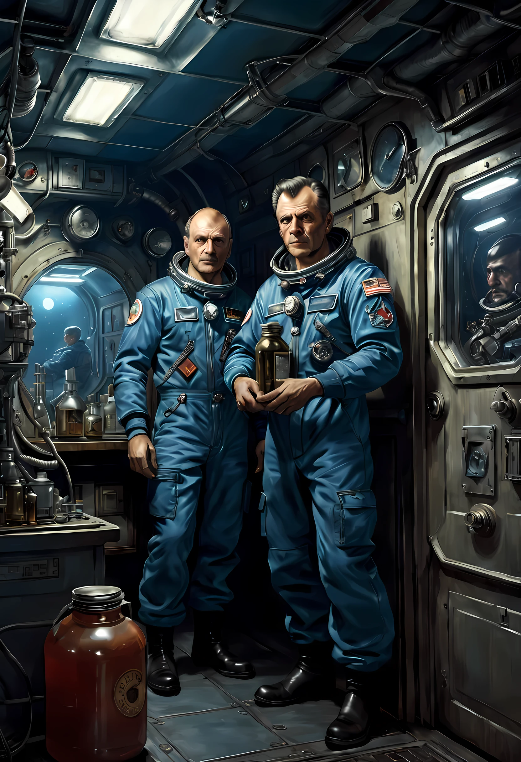 Soviet sci-fi spacepunk, 2 astronauts in dirty overalls distill moonshine on the space station, tubes, flasks, transparent container with dark liquid, one astronaut looks towards the doorway, a stern man in a captain's jacket is standing at the door, trending on ArtStation, Sharp Focus, studio photo, complex parts, high detail, Greg Rutkowski, Part XL, super detailed, Realistic Oil Painting, by Julie Bell, by Frank Frazetta, cinematic lighting