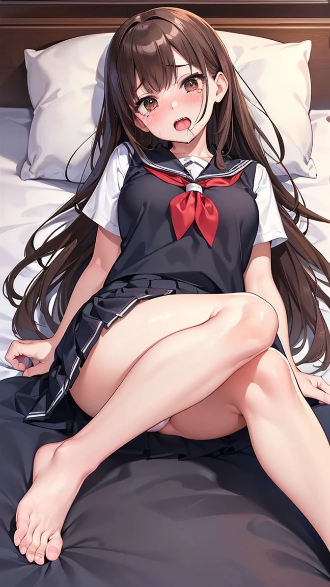 ( high quality, high resolution, complex and detailed depiction, masterpiece, Raw photo, cunnilingus POV, Angle from feet, Photorealistic 3DCG, perfect anatomy:1.2),( one woman, -yeld, Bn hair, long hair, messy hair, cute face, beautiful brown eyes, thin pubic hair,look pussy),( Blushing cheeks, embarrassed expression, open mouth, tongue out, drool, tears, virgin, ),( high school girl uniform , miniskirt, no panties, bare feet,),( sleep on the bed, open your legs, lift up skirt, Pile back )