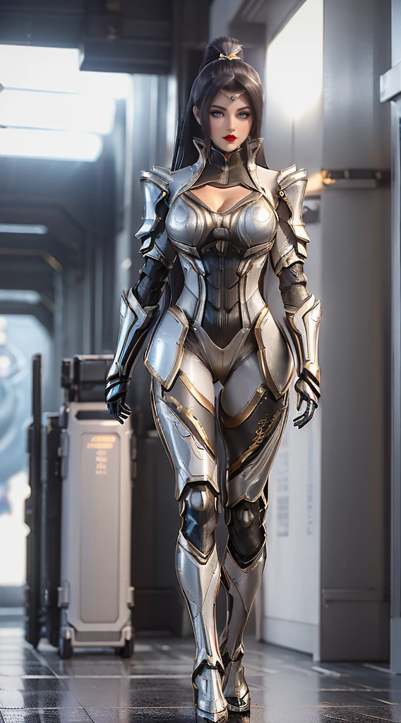 (((full body photo)))  (1GIRL, ALONE, SOLO), (super detailed face), (Black Long ponytail Hair:1.2), (BIG BUTTOCKS, 11 LINE ABS, HUGE :1.5), (MECHA GUARD ARM:1.3), (SILVER,GOLD MECHA CYBER ARMORED, CLEAVAGE, MECHA SKINTIGHT SUIT PANTS, DIAMOND CORE IN ARMOR, MECHA GUARD ARMOR LEGS, HIGH HEELS:1.5), (THICC MUSCULAR FEMALE BODY, SEXY LONG LEGS:1.1), (LOOKING AT VIEWER:1.3), (female focus:0.886), (WALKING DOWN HALLWAY OF FUTURISTIC SPACE STATION:1), (BRIGHT LIGHTING:1.5), SUPER TEXTURE, UNREAL ENGINE RENDER, PHYSICALLY-BASED RENDERING, ULTRA HIGHT DEFINITION, 16K, 1080P.