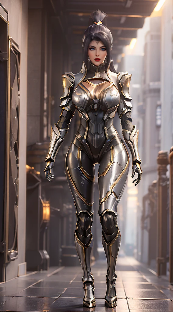 (((full body photo)))  (1GIRL, ALONE, SOLO), (super detailed face), (Black Long ponytail Hair:1.2), (BIG BUTTOCKS, 11 LINE ABS, HUGE :1.5), (MECHA GUARD ARM:1.3), (SILVER,GOLD MECHA CYBER ARMORED, CLEAVAGE, MECHA SKINTIGHT SUIT PANTS, DIAMOND CORE IN ARMOR, MECHA GUARD ARMOR LEGS, HIGH HEELS:1.5), (THICC MUSCULAR FEMALE BODY, SEXY LONG LEGS:1.1), (LOOKING AT VIEWER:1.3), (female focus:0.886), (WALKING DOWN HALLWAY OF FUTURISTIC SPACE STATION:1), (BRIGHT LIGHTING:1.5), SUPER TEXTURE, UNREAL ENGINE RENDER, PHYSICALLY-BASED RENDERING, ULTRA HIGHT DEFINITION, 16K, 1080P.