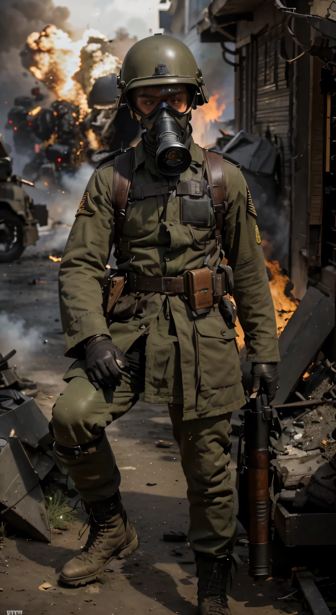 Soldado masculino, tactical gas mask, casco de metal gris, German WWII style, WWII German style gray cloth military uniform, lleva binoculares, guantes de cuero negro, ammunition belt with holster, lleva muchas granadas, botas militares negras, sosteniendo una granada , is on a battlefield, mucho fuego, explosiones y humo, ultra detallado, hyper Realista, 4k, ultra detallado image, Realista, Muy detallado, perfect composition, gorgeous, Intrincadamente detallado, incredibly detailed, 8 k artistic photography, hiper detallado, Obra magistral, ultra detallado, hyper Realista, 4k, ultra detallado image, Realista, muy detallado, perfect composition, gorgeous, Intrincadamente detallado, incredibly detailed, 8 k artistic photography, hiper detallado, obra maestra
