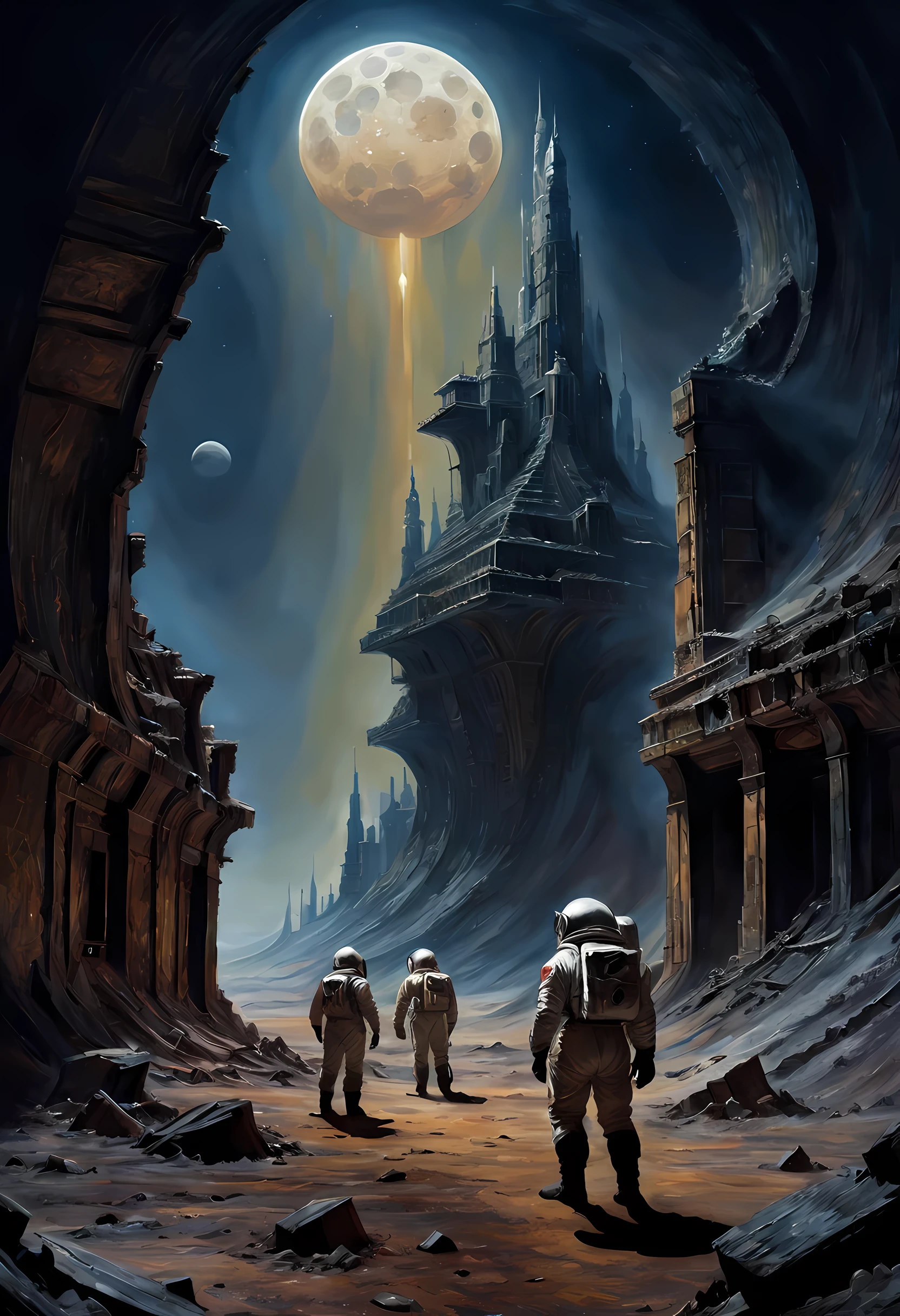 oil painting soviet si-fi spacepunk Soviet cosmonauts and archaeologists are studying the dust-covered ruins of an unknown civilization they found on the atmospheric moon of Jupiter, covered with dust and craters Watercolor, trending on ArtStation, Sharp Focus, studio photo, complex parts, very detailed, Greg Rutkowski, more details XL, hyper detailed, Realistic, oil painting, by Julie Bell, by Frank Frazetta, cinematic lighting
