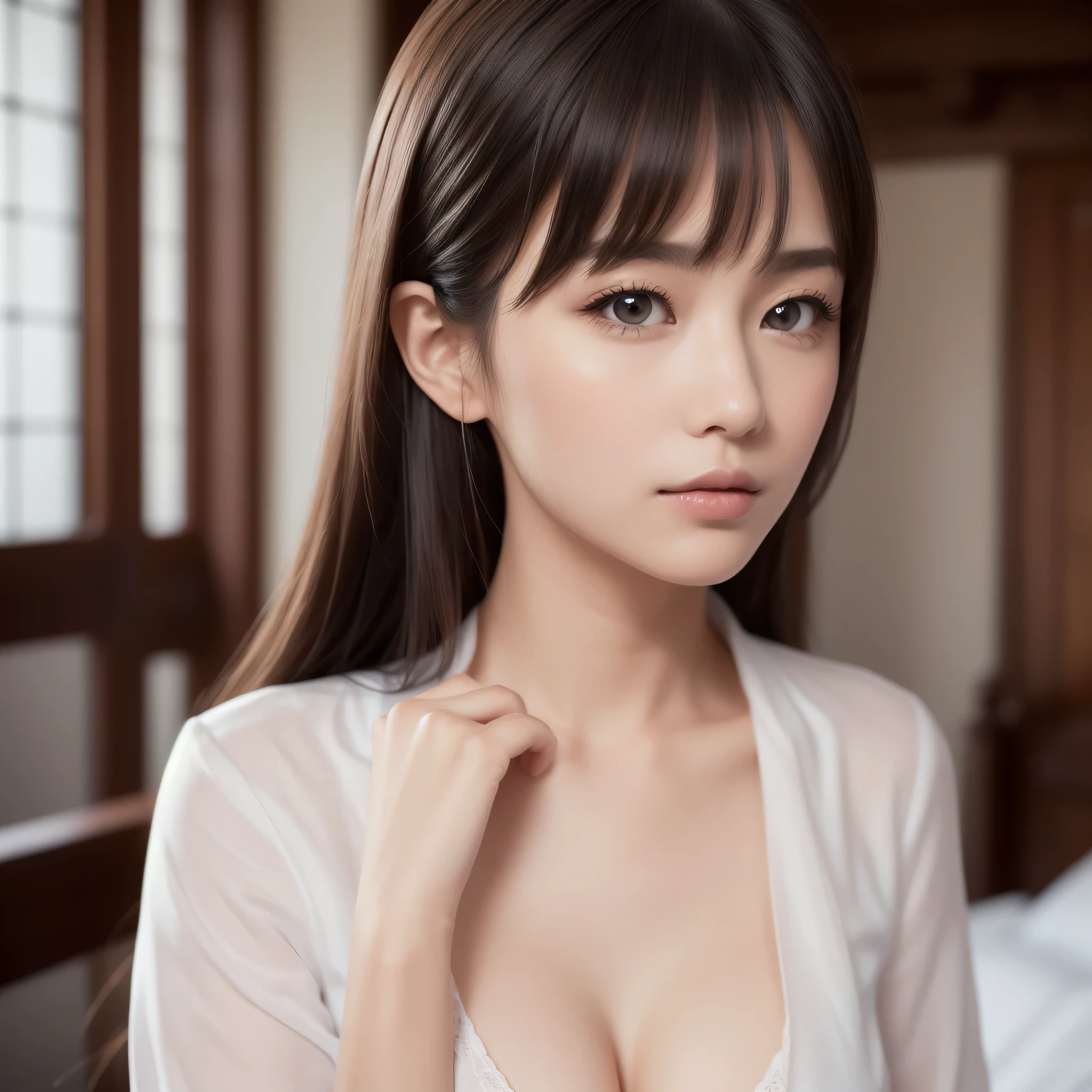 (A superb exquisite yukinoshitaYukino),(yukinoshitaYukino:1.5), (oregairuUniform:1.5), brown eyes, black hair, natural straight hair, straight bangs, solo, nature, extremely delicate, straight facial features, peerless beautiful girl, soft, (sensual face), ((ecchi face)), dreamy quality, exaggerated facial features, solid color, frank holly, delicate face, bright lips, slender waist, soft curves, real light and shadow, super fine, 4k, natural moving, Ultra high resolution, (masterpiece:1.2, best quality), (finely detailed beautiful eyes: 1.2), (beautiful detailed face), sexy nude model, sexy pose, erect nipples,Medium chest, slender body, (bedroom), 