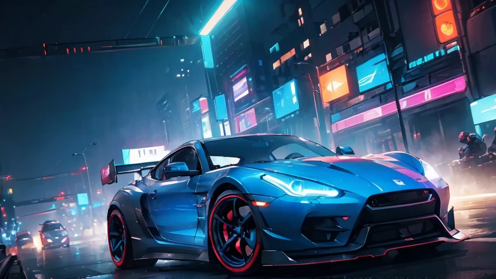(black sports car, blue headlights, drift driving, car racing), (blue cyberpunk city, blue neon, the background is a cyberpunk-style night view of the city, cyberpunk vibe), (8k, extremaly detailed, lighting like a movie, lense flares)