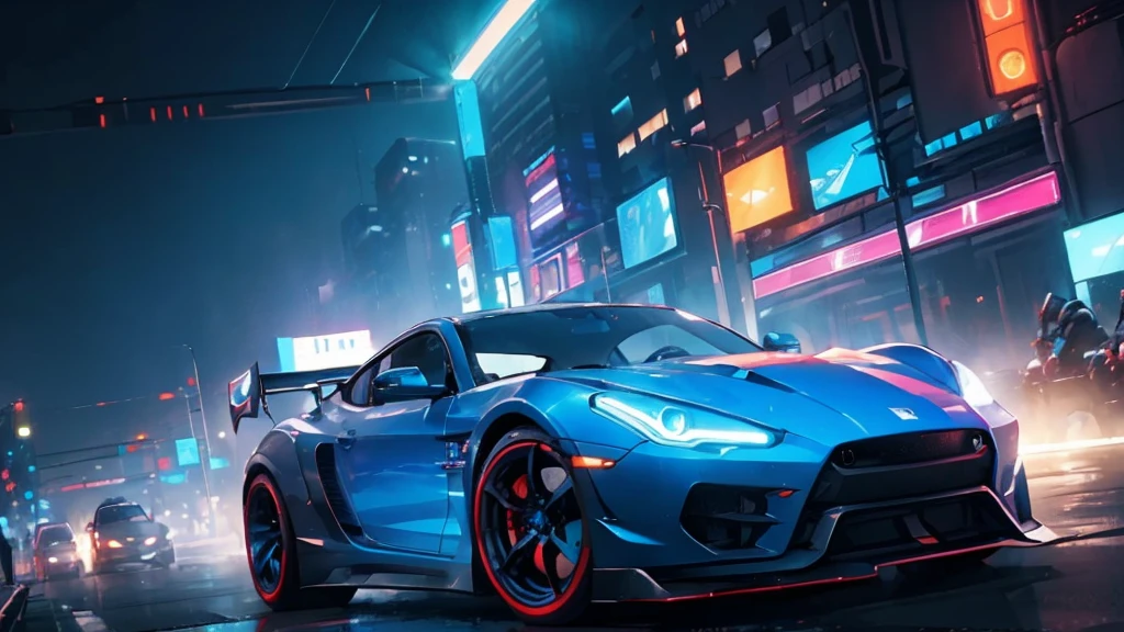 (black sports car, blue headlights, drift driving, car racing), (blue cyberpunk city, blue neon, the background is a cyberpunk-style night view of the city, cyberpunk vibe), (8k, extremaly detailed, lighting like a movie, lense flares)