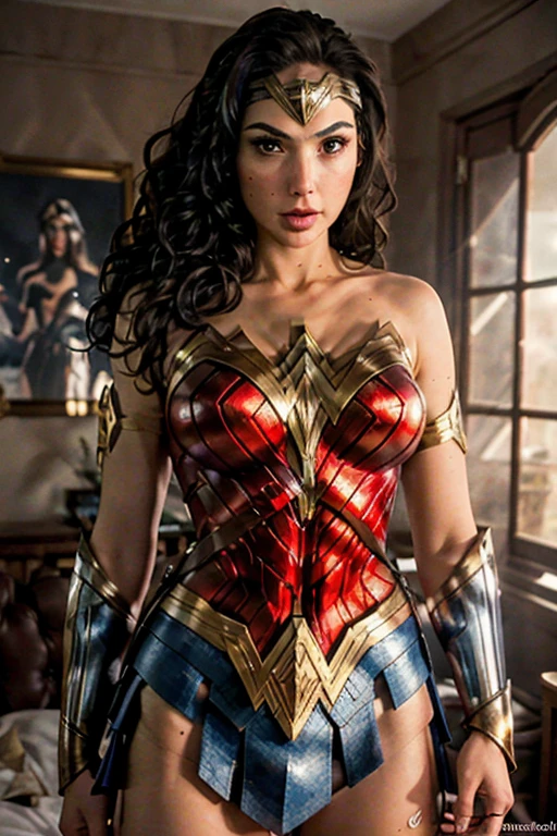 (best quality)), ((master part)), ((Realistic)), (circunstanciado, fotorrealista, ultra-detalhado, Absurdo), 1mulher Wonder Woman, cabelos longos, thin lips , olhos e rosto detalhados, rosto perfeito altamente detalhado, vestindo fantasia de mulher-maravilha (lora:Wonder woman:1.2), casa, interior, cama, noite escura, night the moon, Front view, Top-down view, na cama, deitada sobre a cama, foco: pose sexy:1.2, clouseup:1.4,