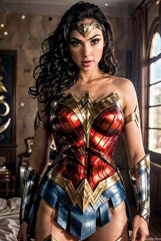 (best quality)), ((master part)), ((Realistic)), (circunstanciado, fotorrealista, ultra-detalhado, Absurdo), 1mulher Wonder Woman, cabelos longos, thin lips , olhos e rosto detalhados, rosto perfeito altamente detalhado, vestindo fantasia de mulher-maravilha (lora:Wonder woman:1.2), casa, interior, cama, noite escura, night the moon, Front view, Top-down view, na cama, deitada sobre a cama, foco: pose sexy:1.2, clouseup:1.4,