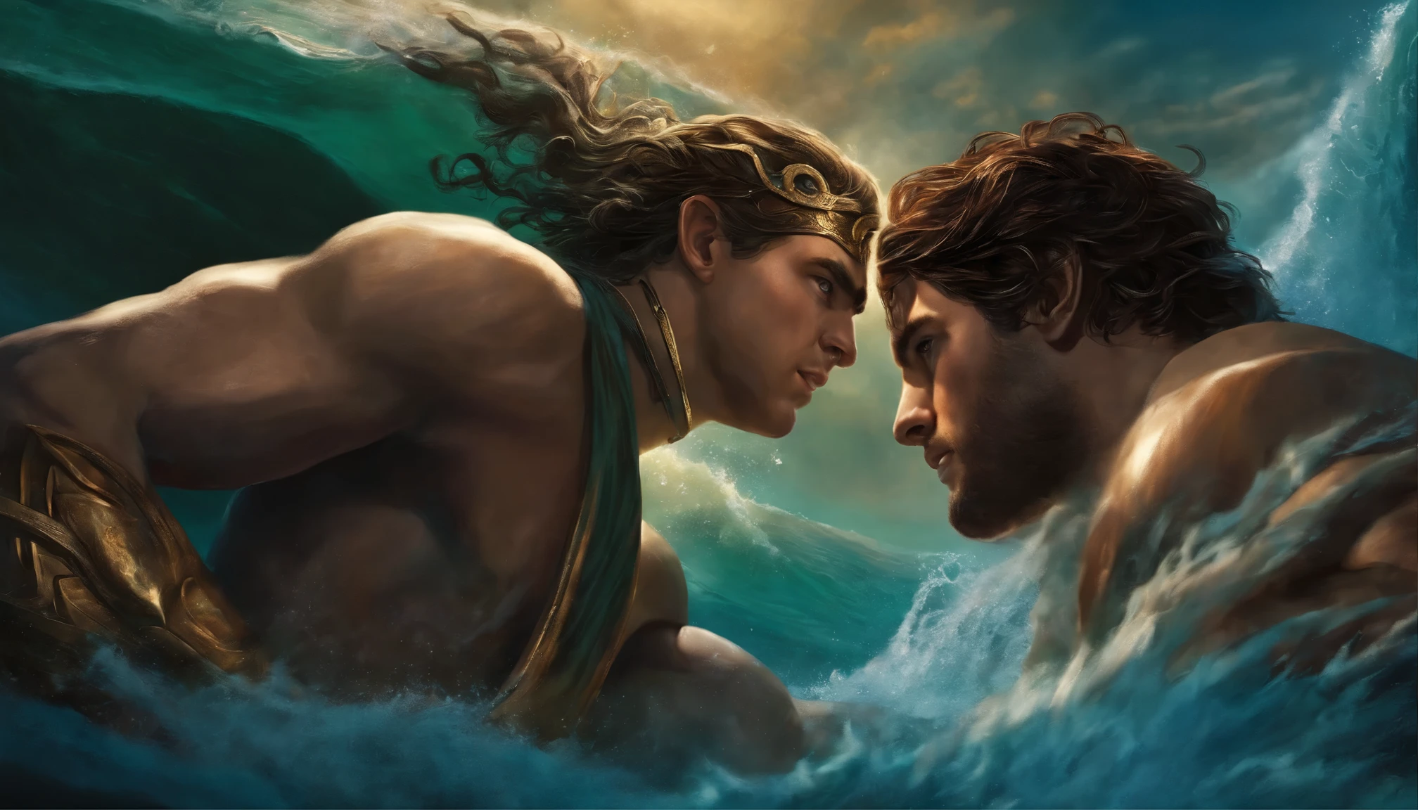 Turnus, the son of Venilia from Roman mythology, and Percy Jackson, the son of Poseidon from Greek mythology beating each other to the death 