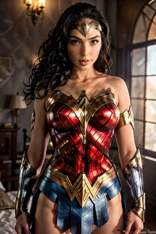 (best quality)), ((master part)), ((Realistic)), (circunstanciado, fotorrealista, ultra-detalhado, Absurdo), 1mulher Wonder Woman, cabelos longos, thin lips , olhos e rosto detalhados, rosto perfeito altamente detalhado, vestindo fantasia de mulher-maravilha (lora:Wonder woman:1.2), casa, interior, cama, noite escura, night the moon, Front view, Top-down view, na cama, deitada sobre a cama, foco: pose sexy:1.2, clouseup:1.4,