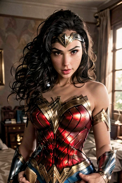 (best quality)), ((master part)), ((Realistic)), (circunstanciado, fotorrealista, ultra-detalhado, Absurdo), 1mulher Wonder Woman, cabelos longos, thin lips , olhos e rosto detalhados, rosto perfeito altamente detalhado, vestindo fantasia de mulher-maravilha (lora:Wonder woman:1.2), casa, interior, cama, noite escura, night the moon, Front view, Top-down view, na cama, deitada sobre a cama, foco: pose sexy:1.2, clouseup:1.4,