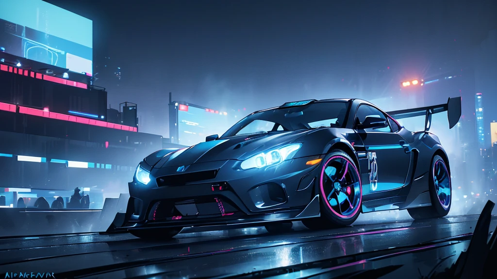 (black sports car, blue headlights, drift driving, car racing), (blue cyberpunk city, blue neon, the background is a cyberpunk-style night view of the city, cyberpunk vibe), (8k, extremaly detailed, lighting like a movie, lense flares)