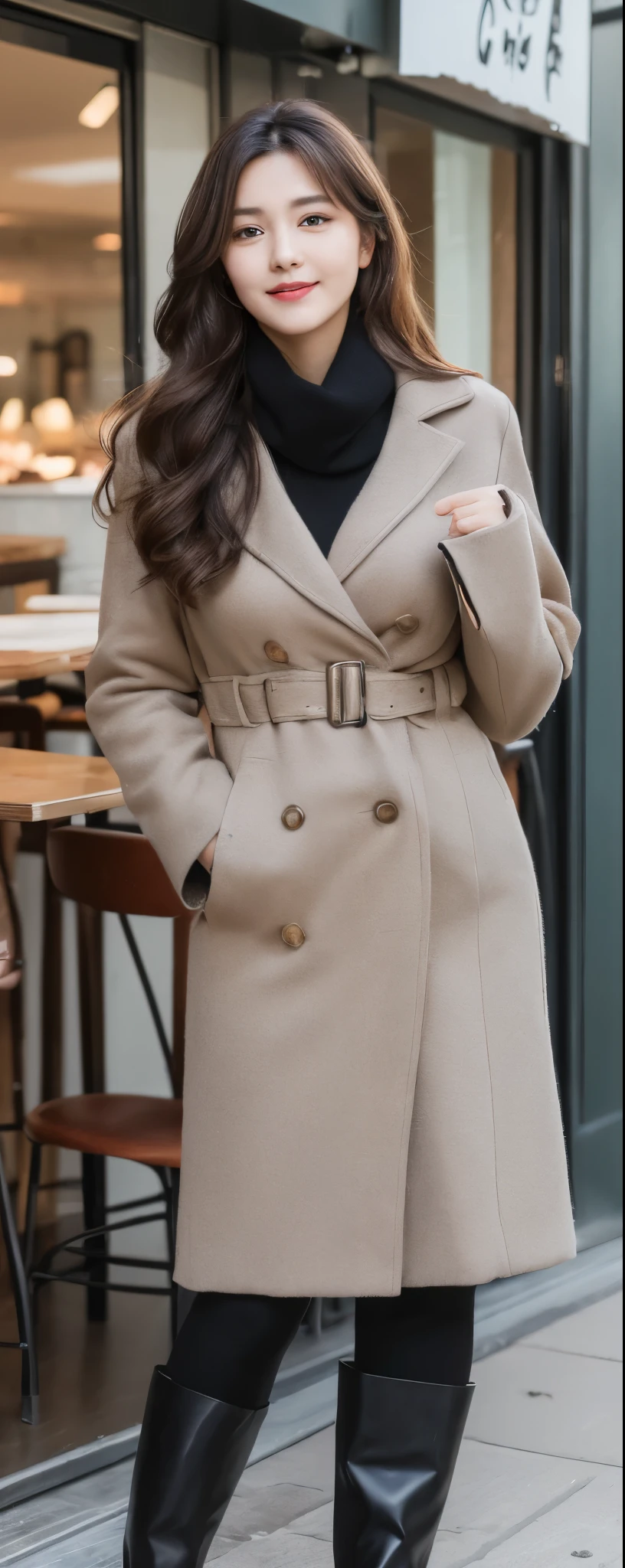 (8k, RAW photos, top quality, masterpiece: 1.2, ultra detailed, super resolution, real photos: 1.37), (Full body photo), 1 noble elegant Japanese lady, (standing contrapposte), winter season, ((black color coodinate, wearing over-size nouton coat, winter fluffy scarf, grey long skirt, legging, wearing long boots)), Shiny, Smile, Looks like 1.8 meters tall, large pelvis, Large breasts, big cuvy hips, Thin waist, Long legs, skin hyper-detail, 20 years old, Perfect face, (Detailed facial features), Wavy hair, Daylight, winter season, snazzy cafe,