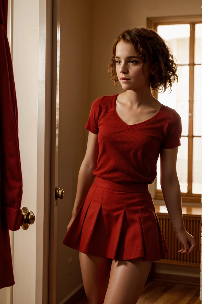 emma watson short red skirt curly hair