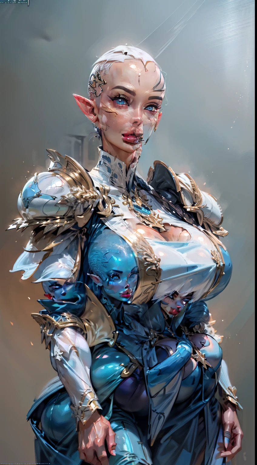 (((1girl:1.8))), ((bulky woman:1.5)) sehele style, anime style, (((dark elf))) (((blue skin:1.5))) (((smoldering eyes))), ((bald:1.5)), ((no hair:1.5)), 8k, 4k, Unreal Engine 5, octane render, trending on pixiv, ((huge shoulder pads:1.7)) (wide shoulders:1.1), (large biceps:1.5), fanbox, skeb, (((white armor:1.5))), masterpiece, ((slendered abs:1.2)),(pressed breasts together:1.4), (full bodied), wide hips, (full lips:1.5), smooth soft skin, big dreamy eyes, beautiful anime wide eyes, soft lighting, concept art, digital painting,