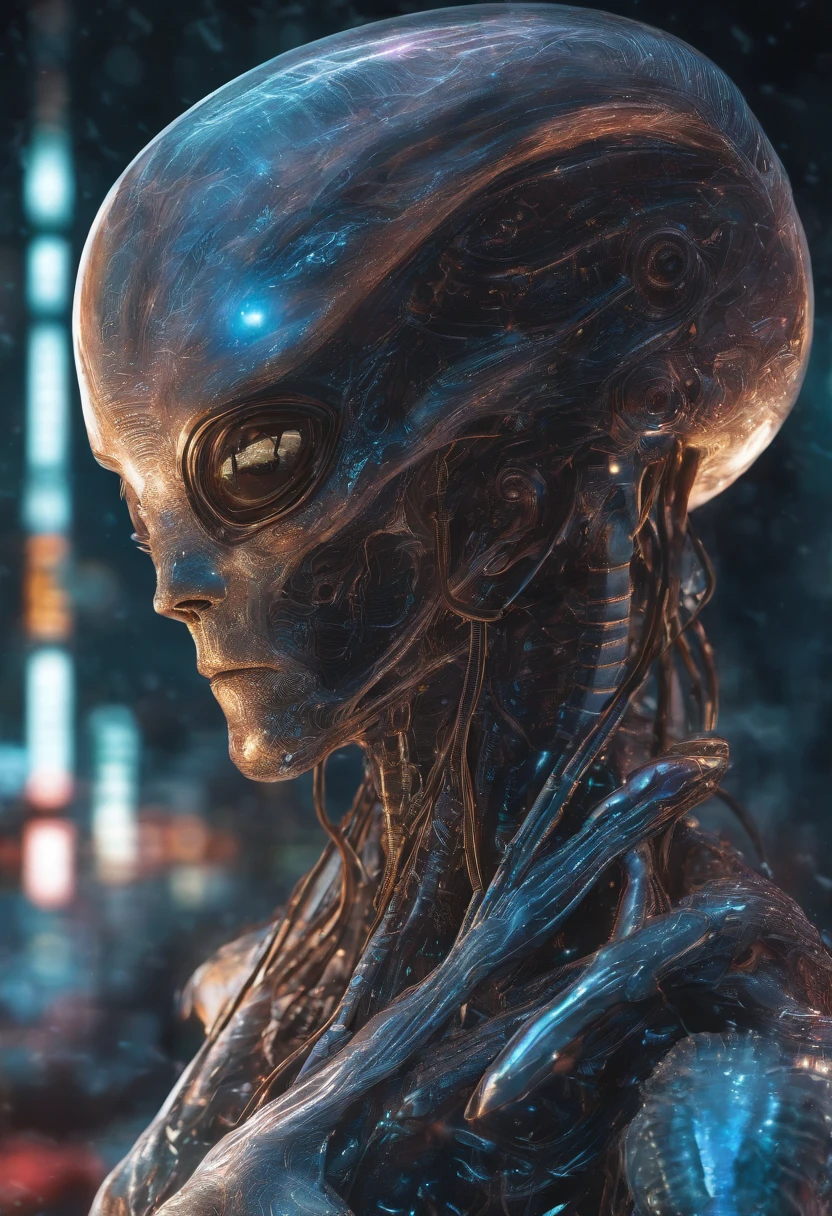 fantchar, a translucent ethereal alien with delicate features in a science fiction setting, brilhando por dentro, Sparks and lights, doisr, dois, fechar-se, realista, altamente detalhado, intricado,com olhos vermelhos. 