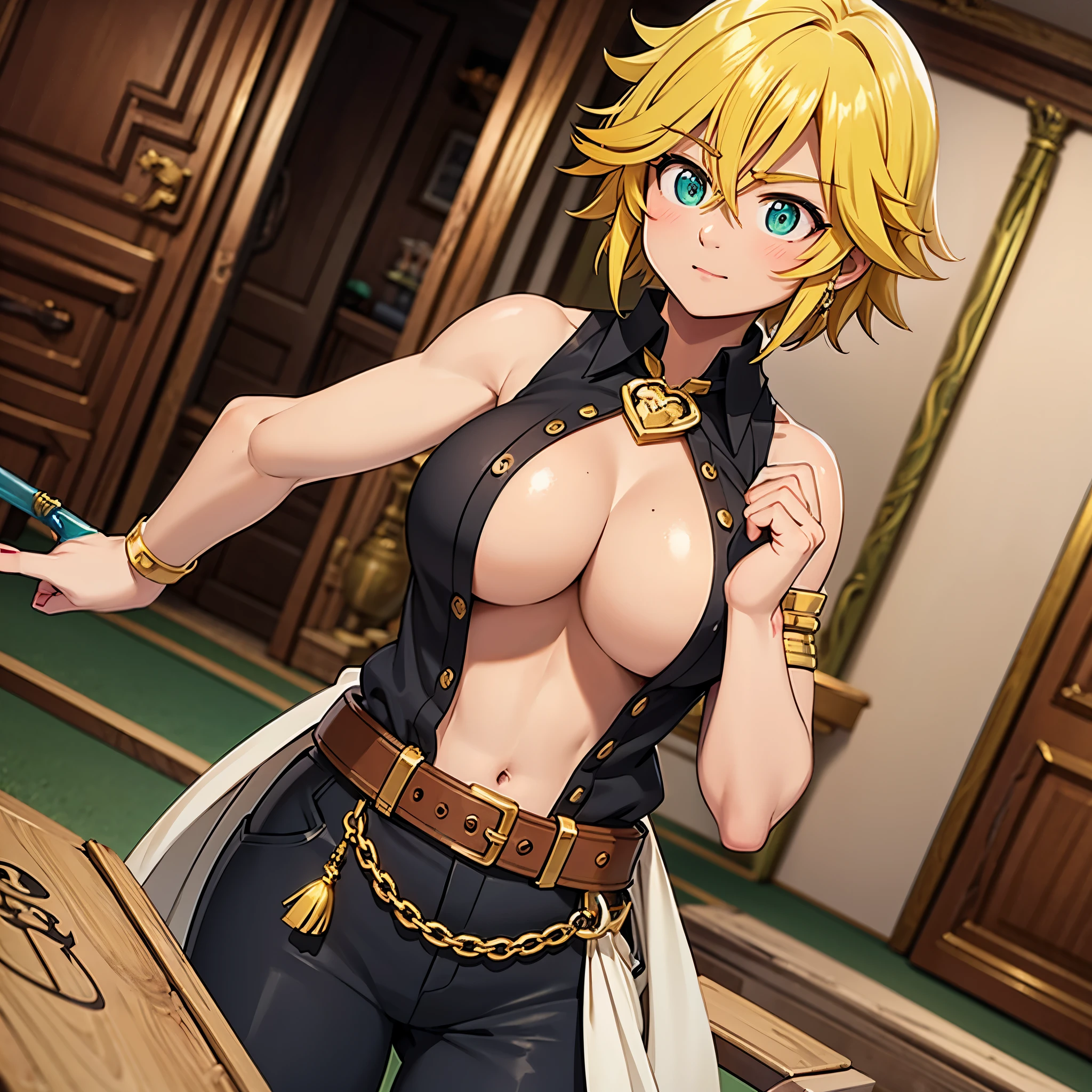 Meliodas in female version with medium breasts wearing a black blouse with her hands inside the blouse pocket and inside her boar hat 