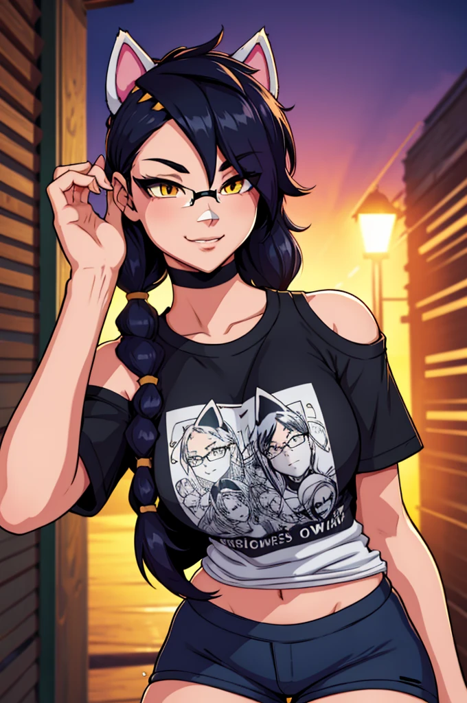 Erisa, 1girl, solo, long hair, looking at viewer, black hair, bandaid on face, yellow eyes, animal ears, smile, bandaid on nose, braid, cat ears, bandaid, bangs, breasts, fake animal ears, simple background, fang, bare shoulders, scar, teeth, shirt, tight shirt, bare shoulders, black shirt, short sleeves, closed mouth, t-shirt, hair over one eye, night city view, portrait, hair over shoulder, shorts, skin tight shirt, tight shorts, butt, wet shirt, legs, glasses, seductive, realistic, best quality, masterpiece, ultra detail, ultra high res, extreme detail, 8k
