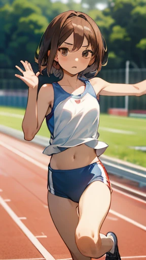 Maki Horikita,beautiful girl,well-groomed face,10th generation,young face,Expressionless,low length,Slender,Athletics,Navel exposed,beautiful feet,short hair,brown hair,small breasts,white camisole,raise hand,Japan Schools,Ministry activities,track and field club, outdoor,