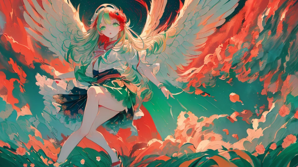 (masterpiece:1.4), (best quality:1.4), (very cute angel girl, ultra-detailed face, jewel-like eye, white very long hair, (((colorful gradation hair))):1.4), (ring of angels:1.4), (angel wings:1.4), (full-body, perfect two arms, perfect two legs:1.4)
BREAK,
(detailed background:1.4), ultra-detailed background, (red Light Effects, floating red cloud, floating green flower:1.4),
BREAK,
(perfect anatomy:1.4), (perfect hand:1.4), (perfect four long fingers and perfect short thumb:1.4), (thumb shorter than other four fingers:1.4),