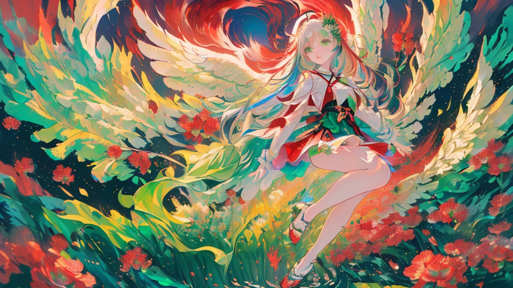 (masterpiece:1.4), (best quality:1.4), (very cute angel girl, ultra-detailed face, jewel-like eye, white very long hair, (((colorful gradation hair))):1.4), (ring of angels:1.4), (angel wings:1.4), (full-body, perfect two arms, perfect two legs:1.4)
BREAK,
(detailed background:1.4), ultra-detailed background, (red Light Effects, floating red cloud, floating green flower:1.4),
BREAK,
(perfect anatomy:1.4), (perfect hand:1.4), (perfect four long fingers and perfect short thumb:1.4), (thumb shorter than other four fingers:1.4),
